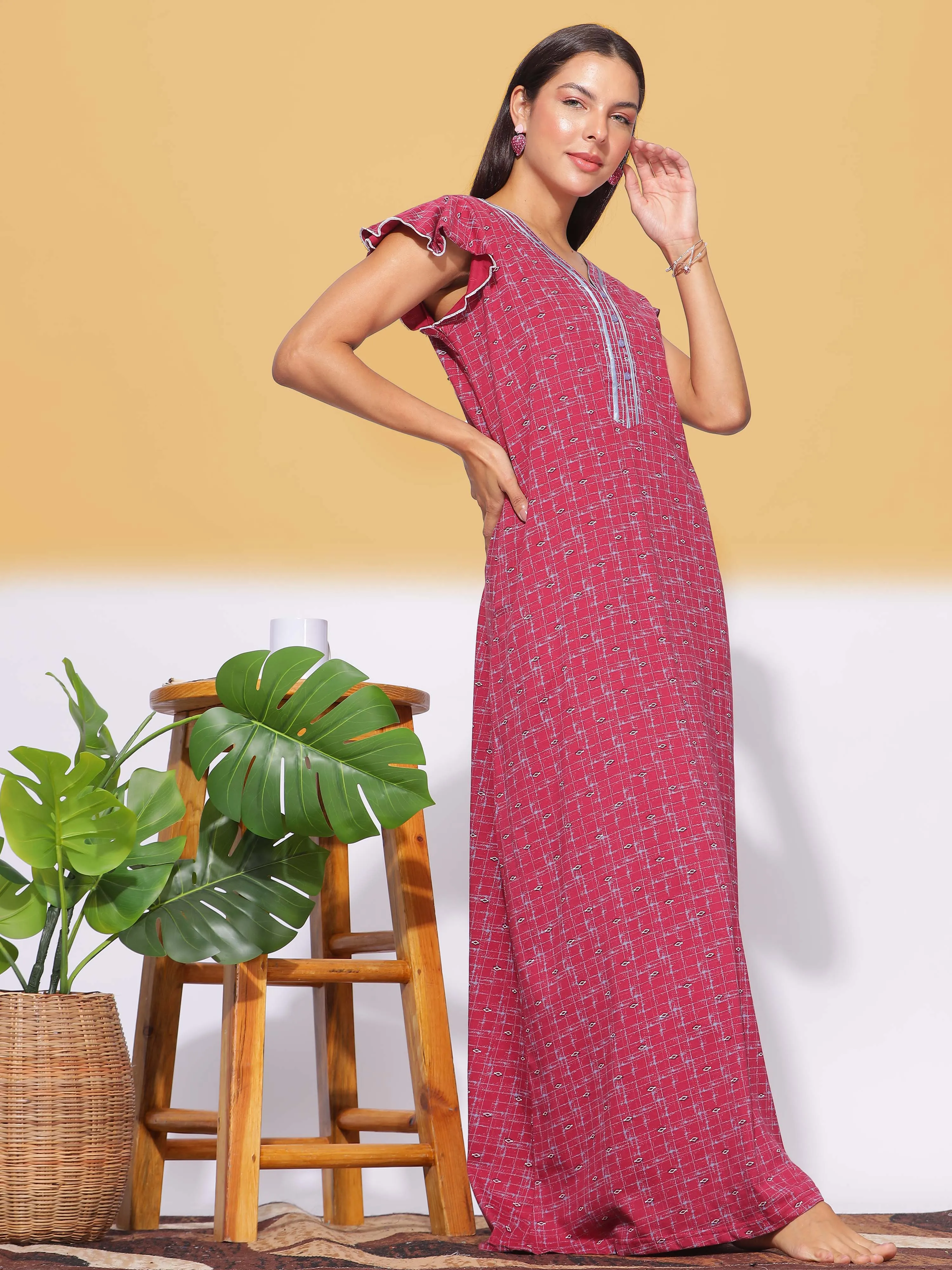 Designer Hosiery Cotton Maxi Nighty in Red