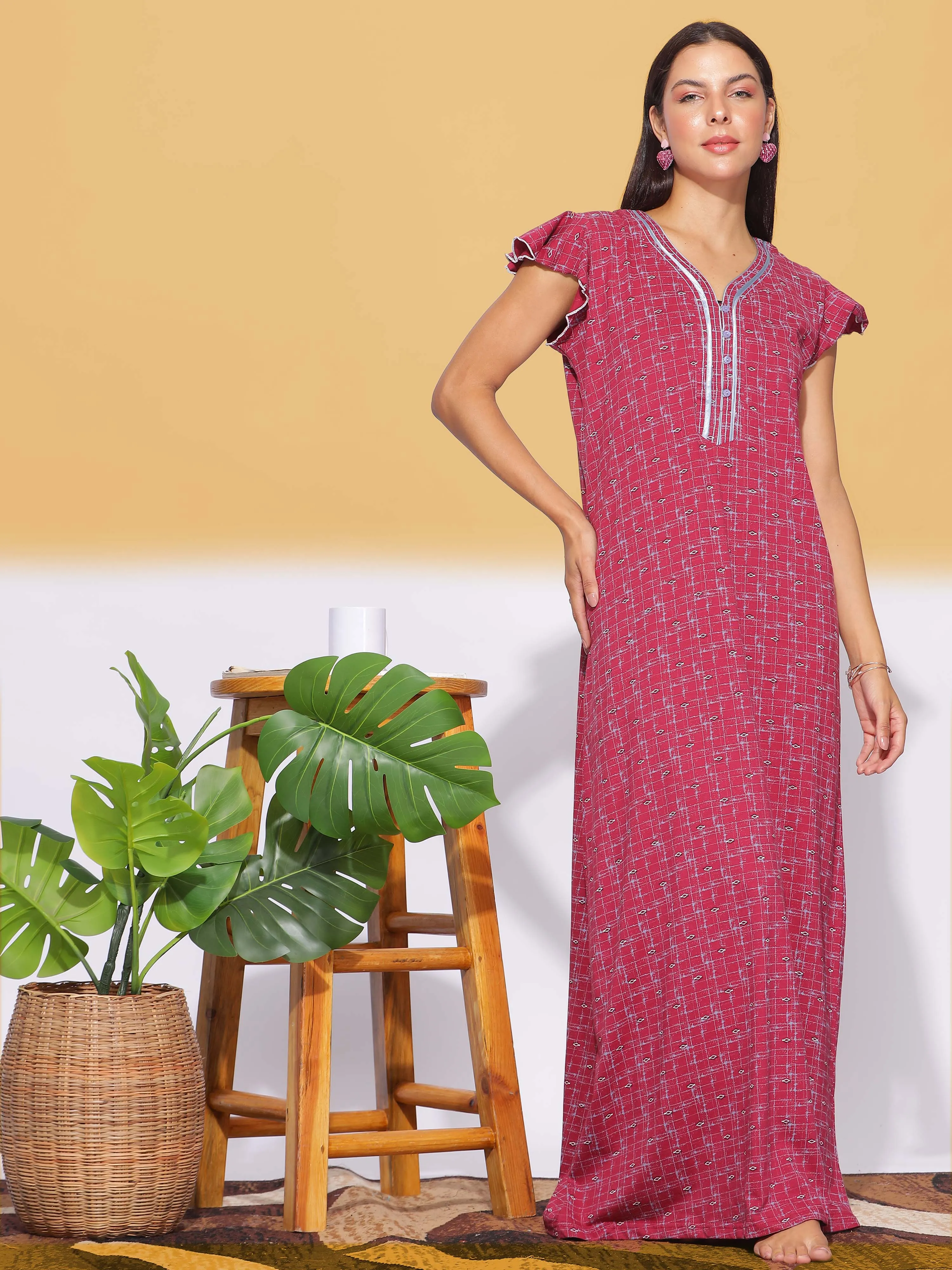 Designer Hosiery Cotton Maxi Nighty in Red