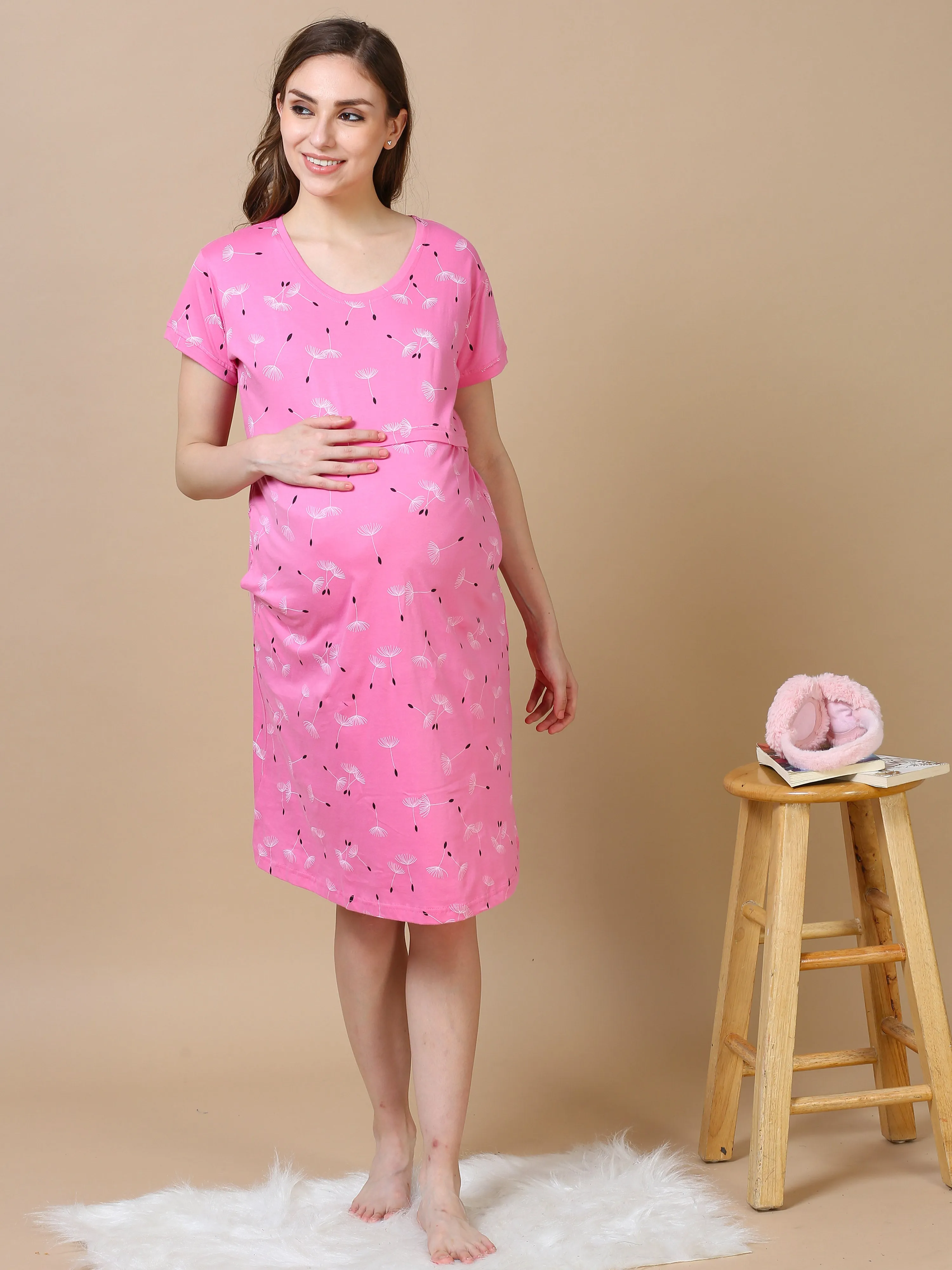 Hosiery Cotton Maternity Nighty | Baby Pink