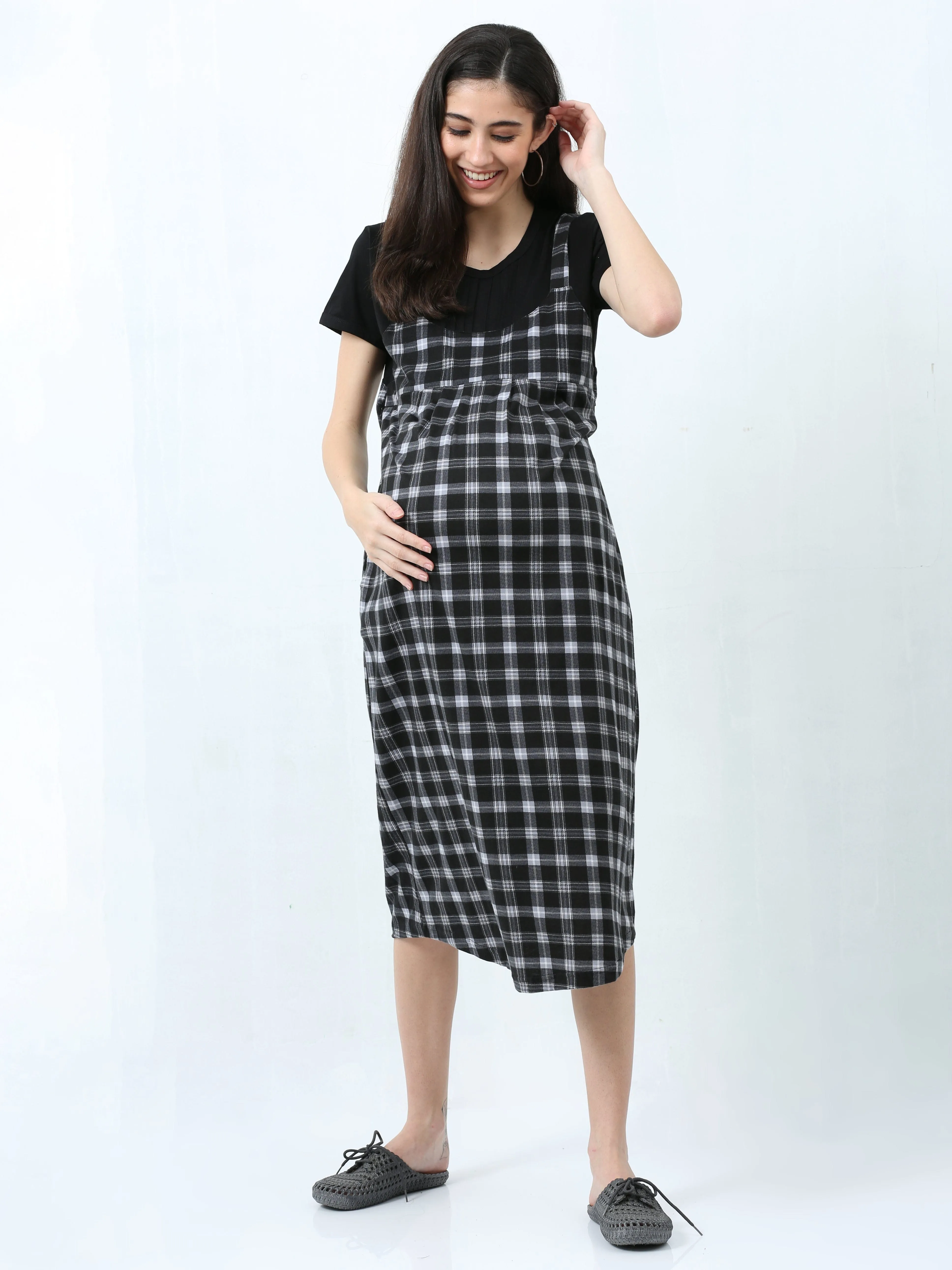 Hosiery Cotton Maternity Nighty Black & Grey