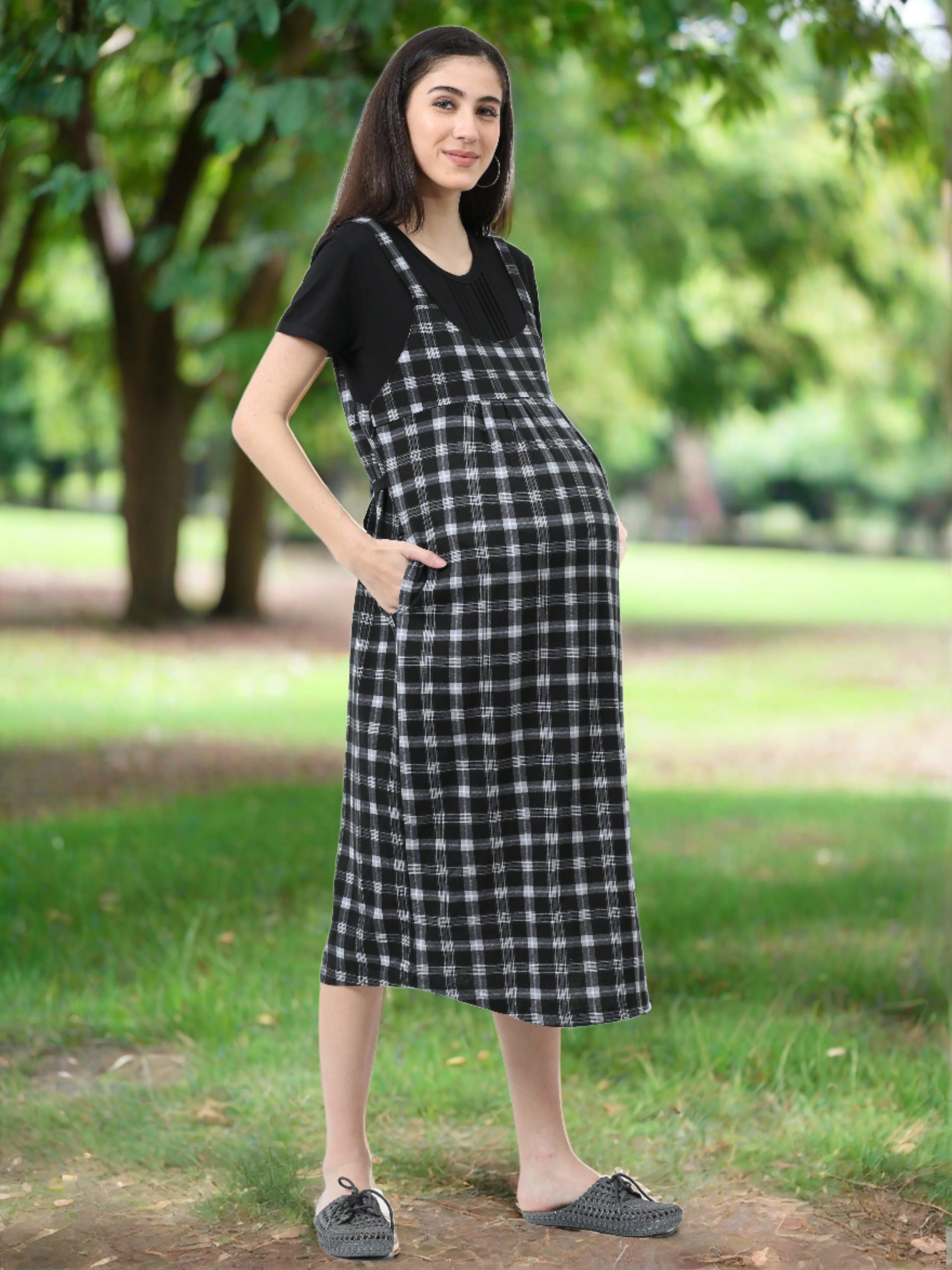 Hosiery Cotton Maternity Nighty Black & Grey