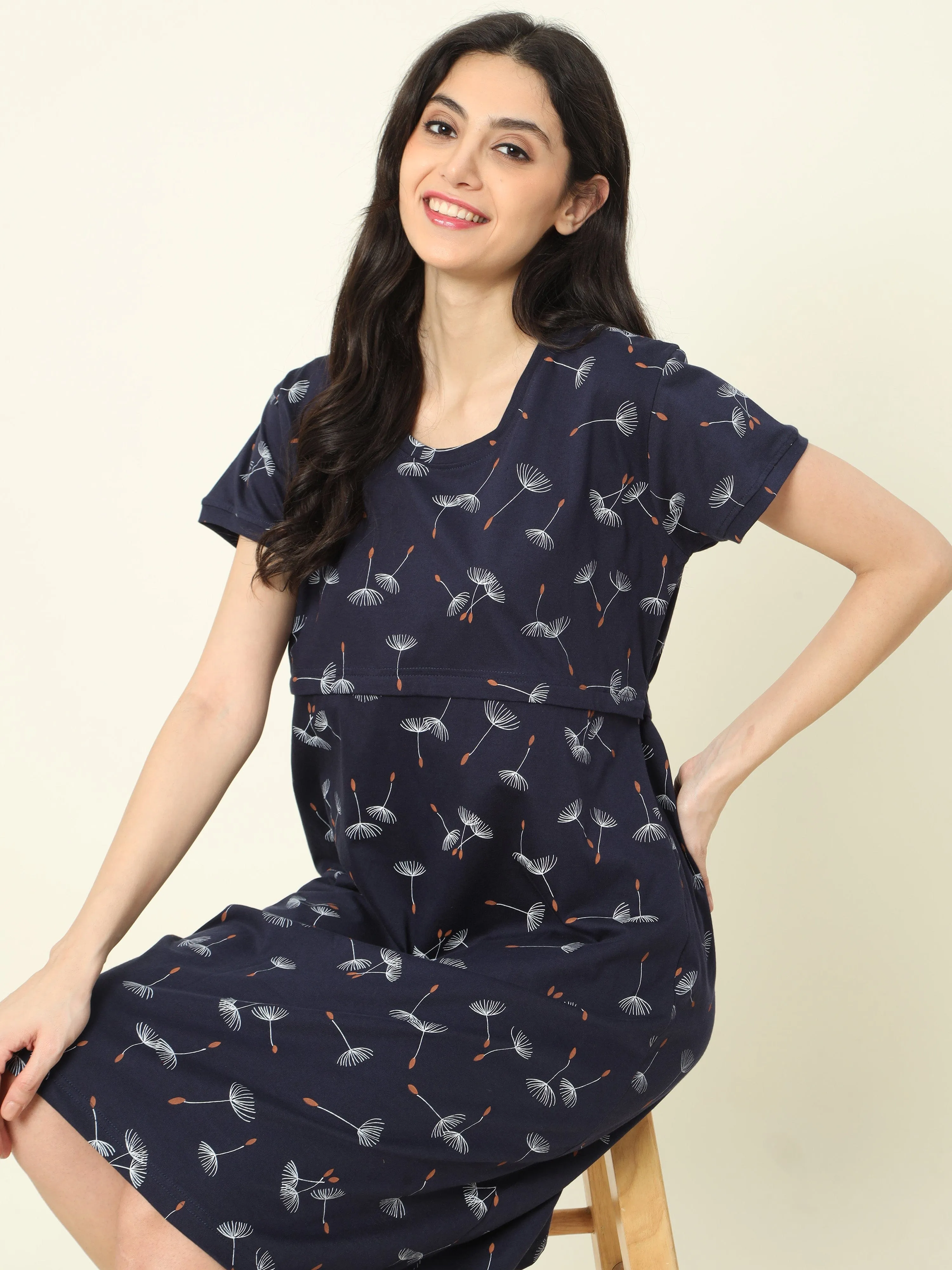 Hosiery Cotton Maternity Nighty | Dark Blue