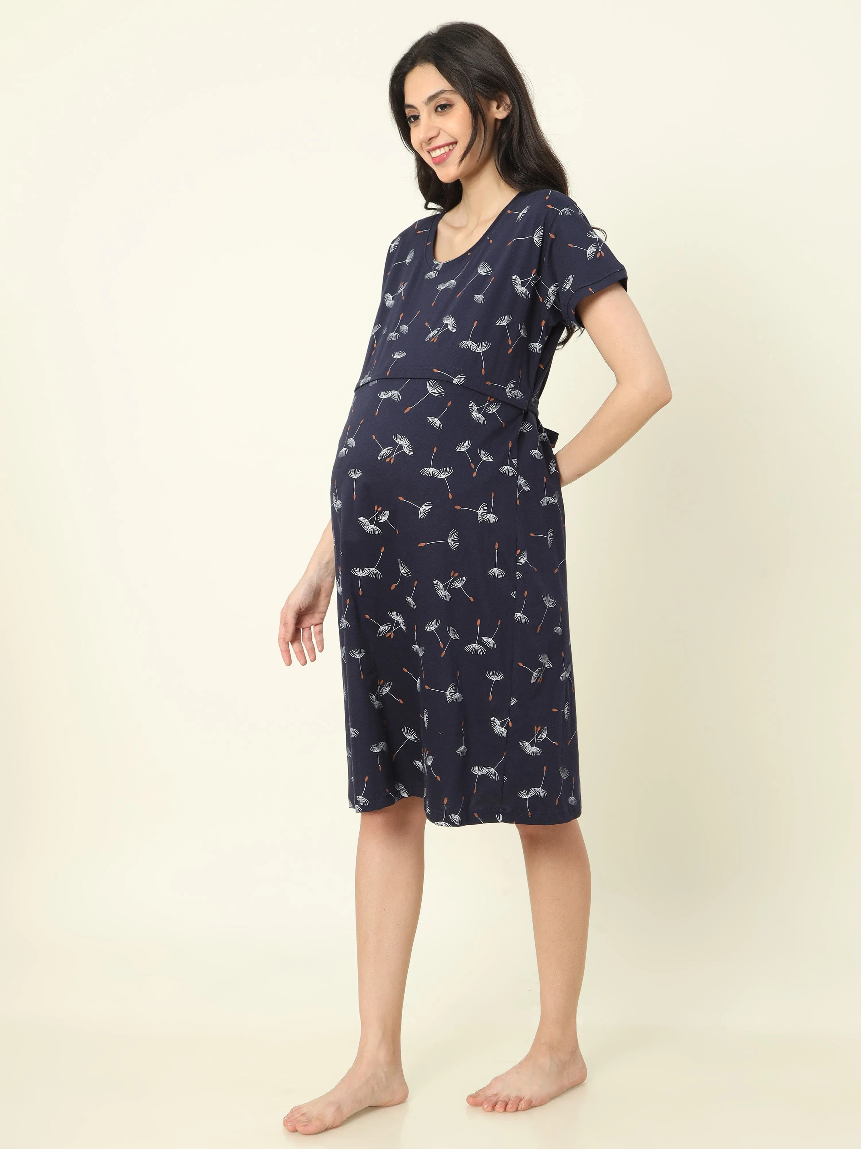 Hosiery Cotton Maternity Nighty | Dark Blue