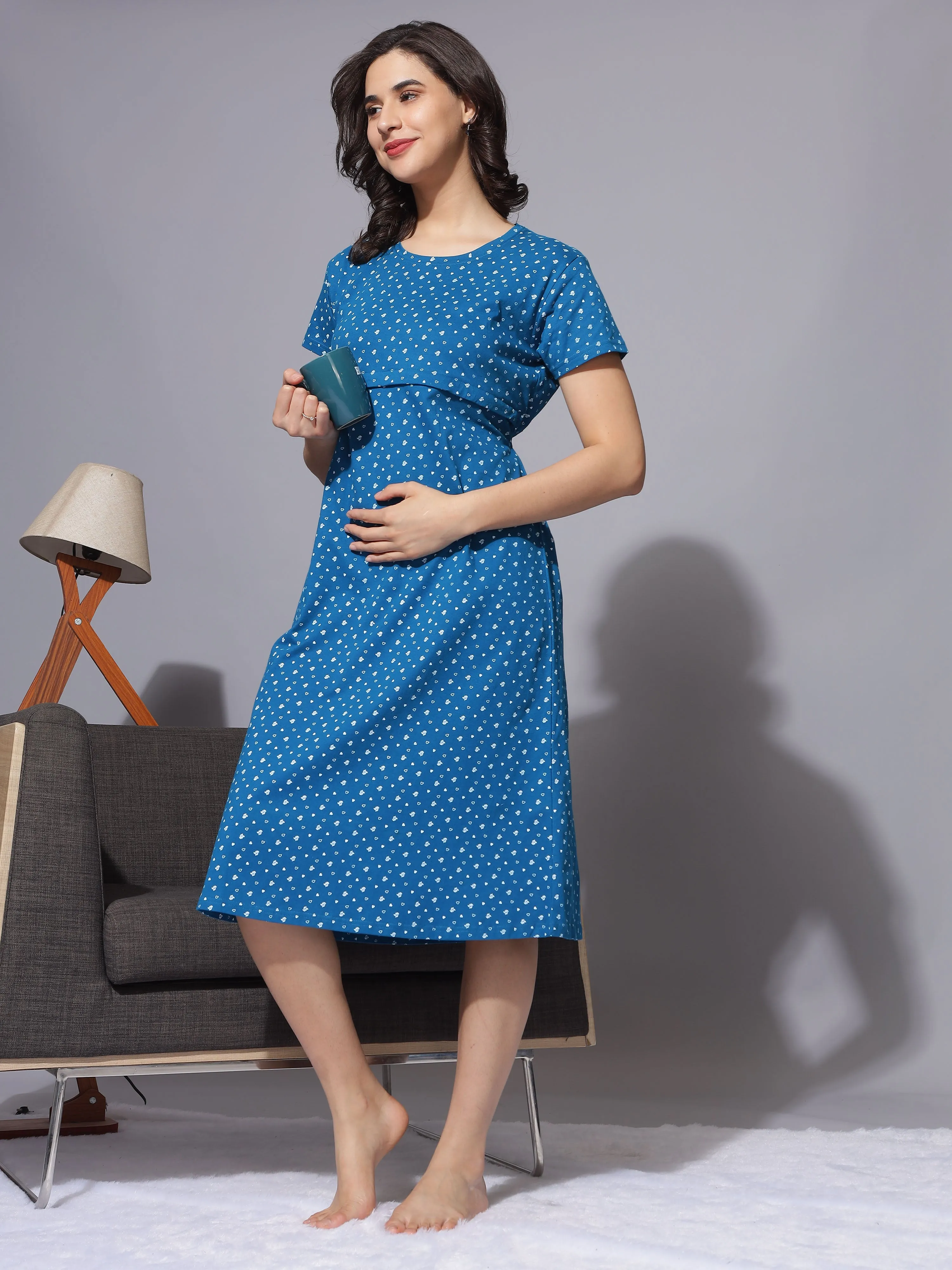 Hosiery Cotton Maternity Petrol Blue Nighty