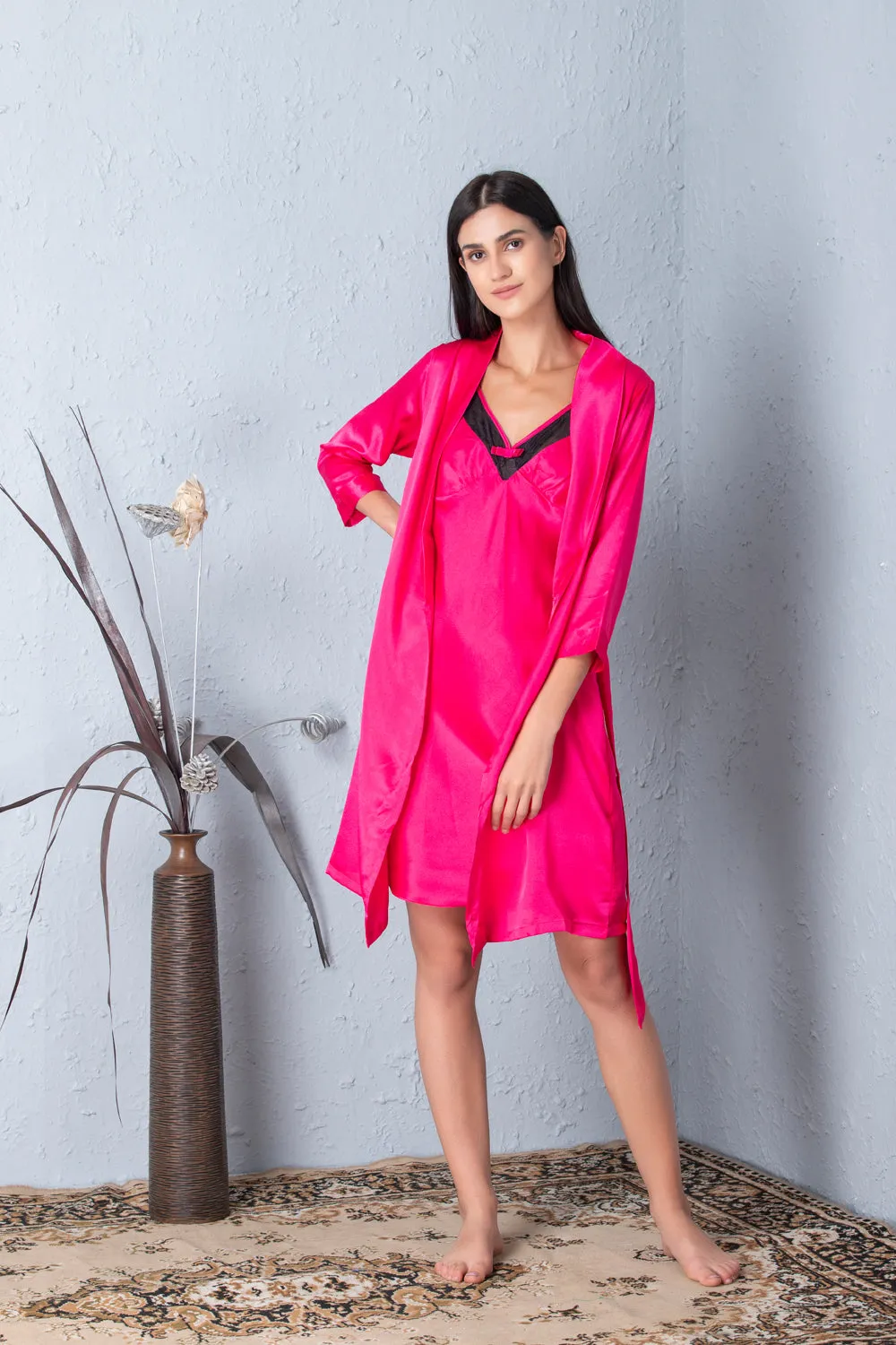 Hot Pink short Satin Nightgown set