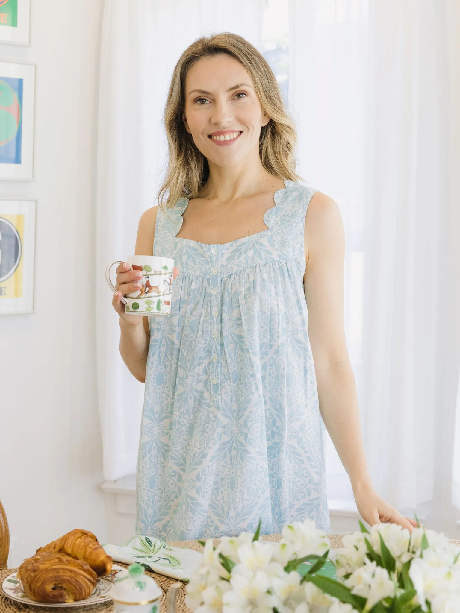 Ice Blue Filigree Gathered Nightgown