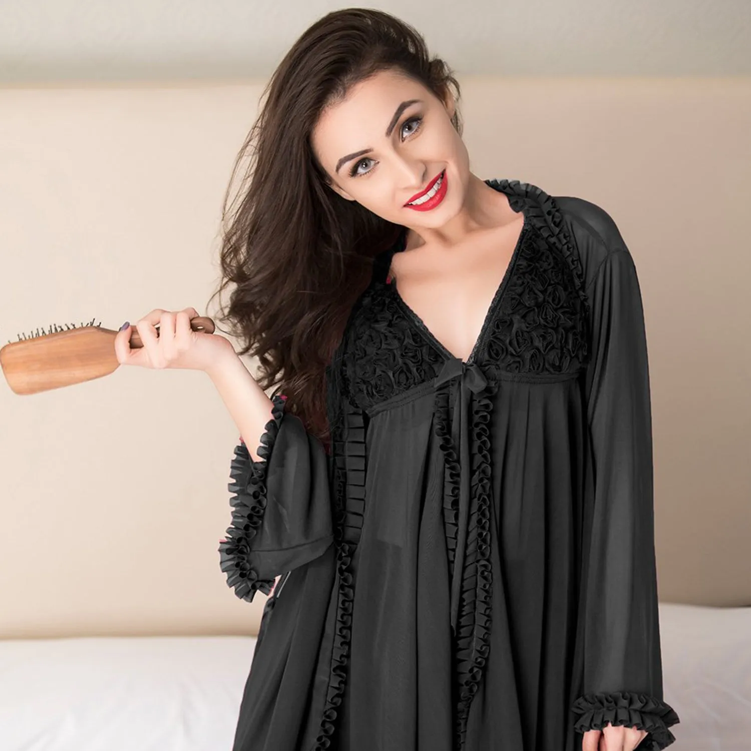 Illusion nude tulle Nightgown set black