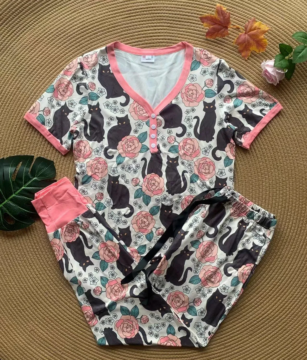 Karma Kitty Short Sleeve Pajamas with Joggers