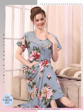 Light Blue Extra Luxury Premium Quality Reyon Twisted Cotton Long Nighty-AE001LNBL