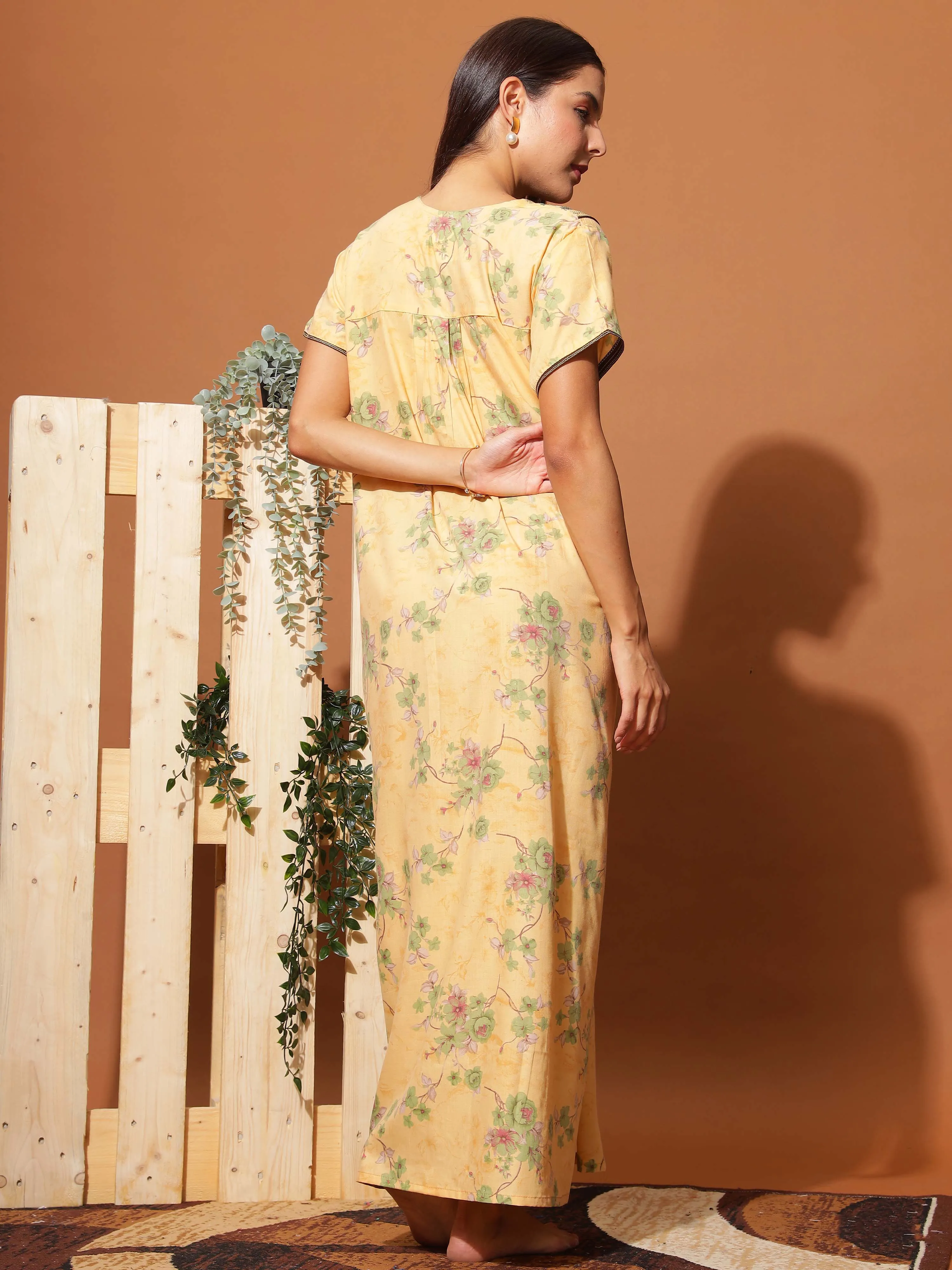 Luxurious Golden Yellow Floral Maxi Nightgown with Neck Embroidery