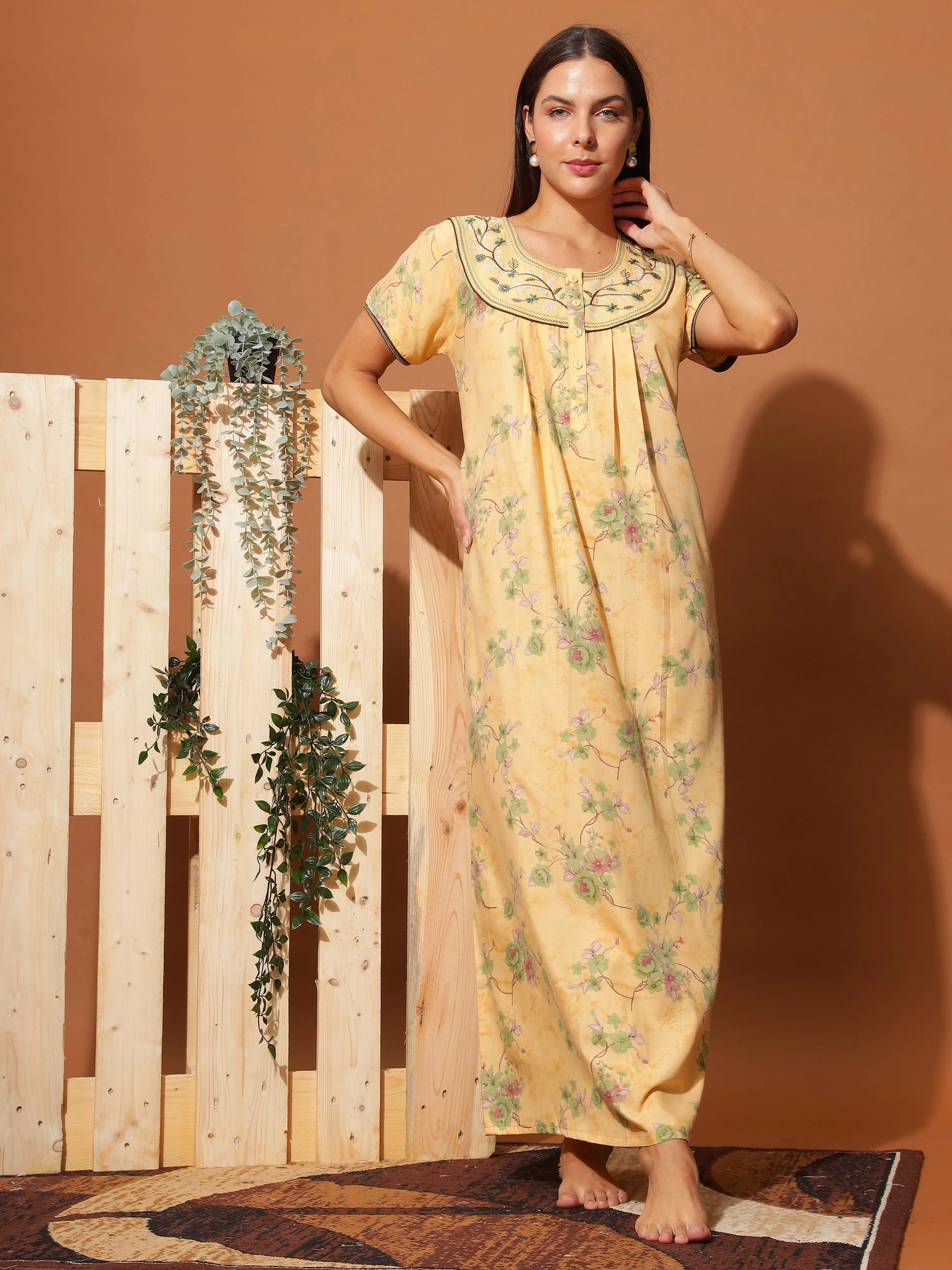 Luxurious Golden Yellow Floral Maxi Nightgown with Neck Embroidery