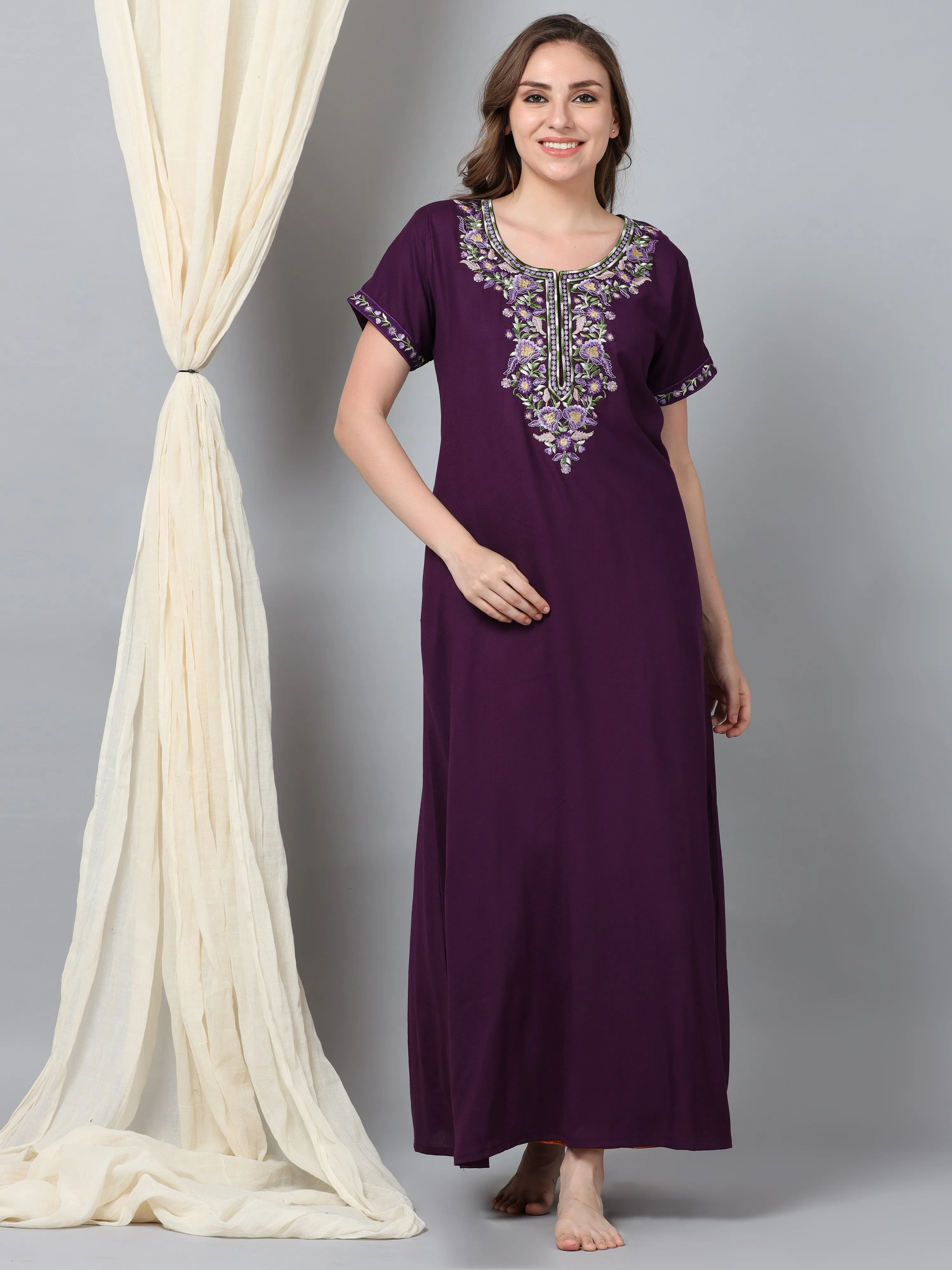 Luxurious Purple Alpine Nighty with Fancy Embroidery