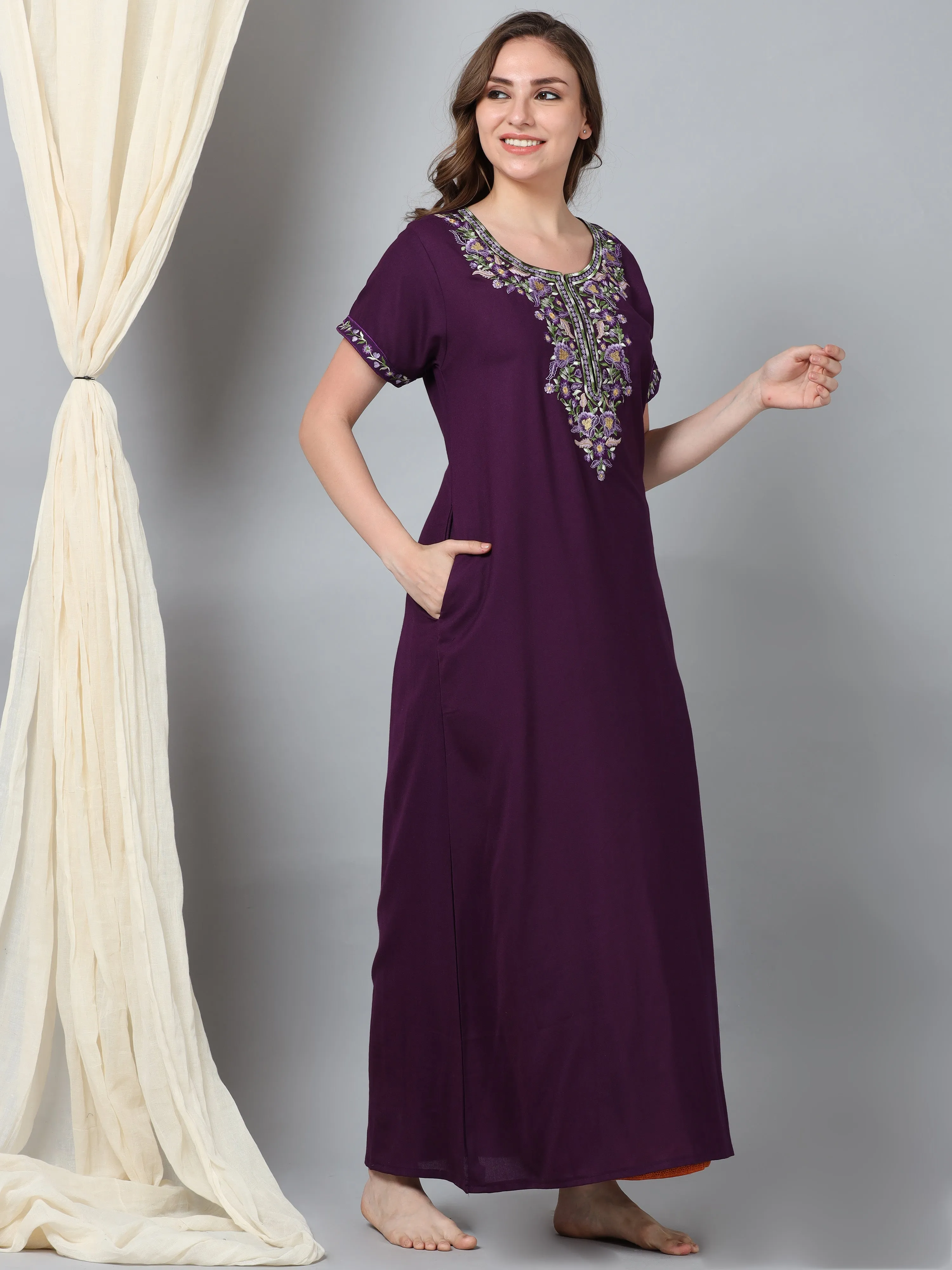 Luxurious Purple Alpine Nighty with Fancy Embroidery