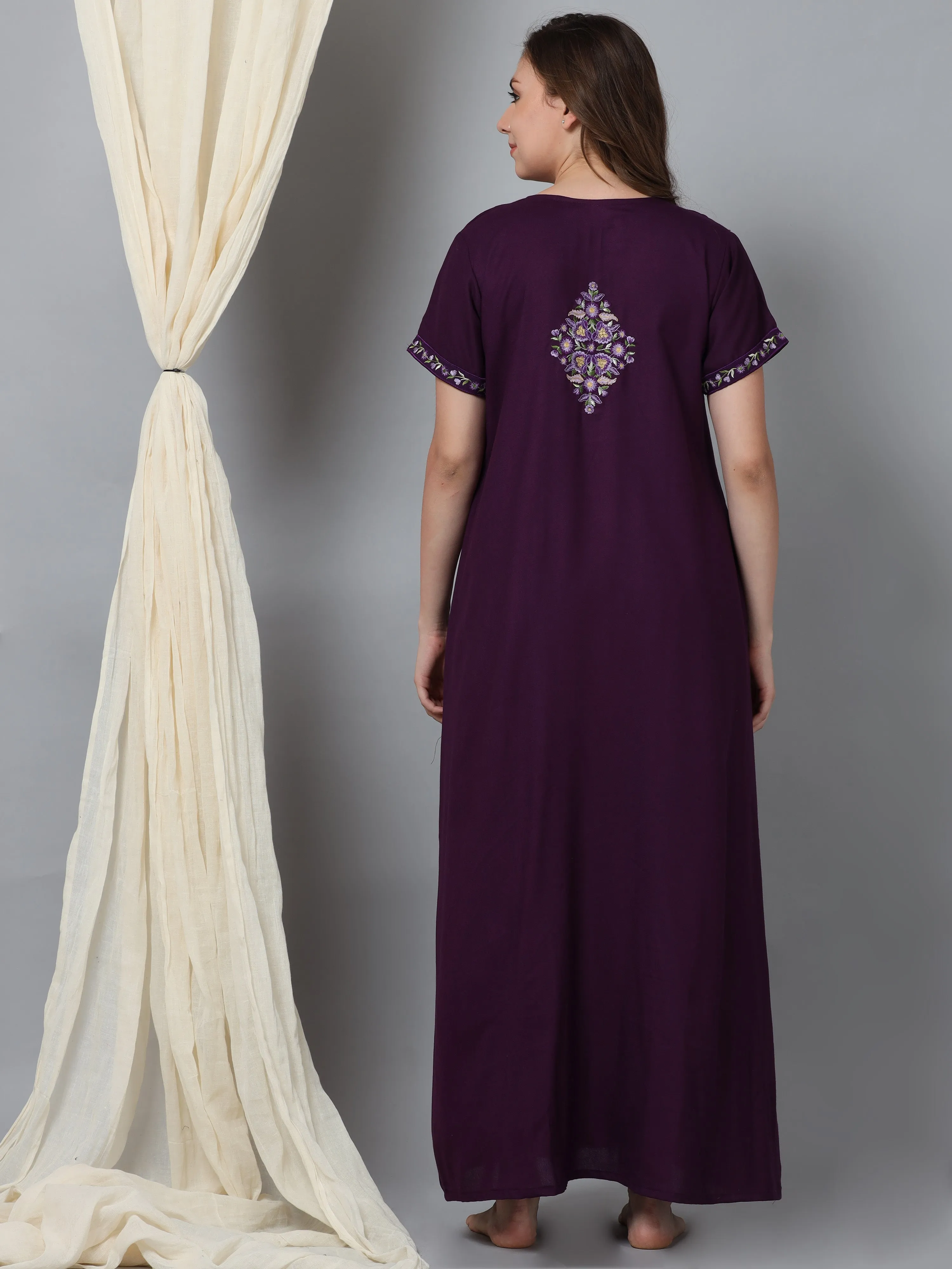 Luxurious Purple Alpine Nighty with Fancy Embroidery