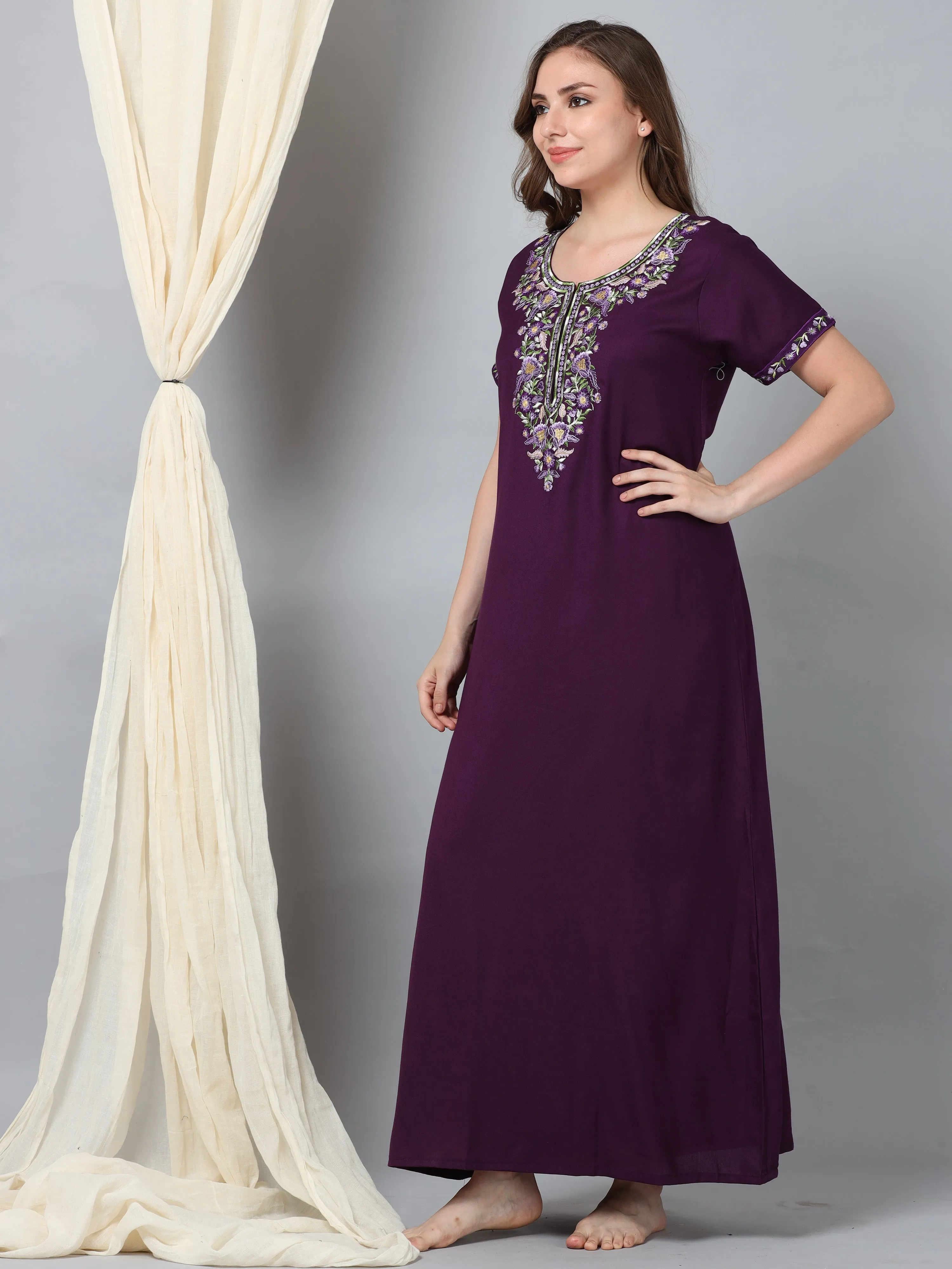 Luxurious Purple Alpine Nighty with Fancy Embroidery