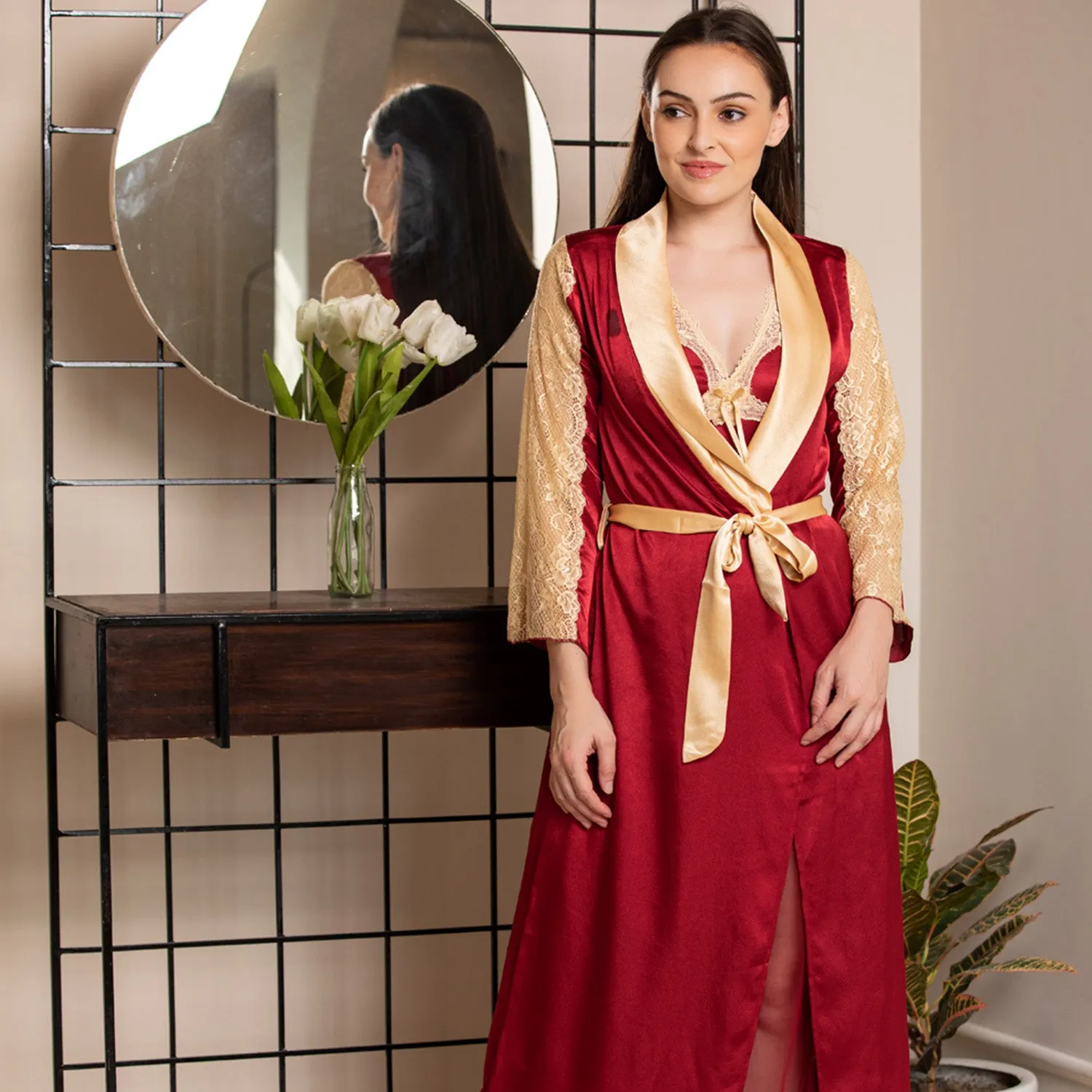 Maroon & Gold Designer Nightgown set