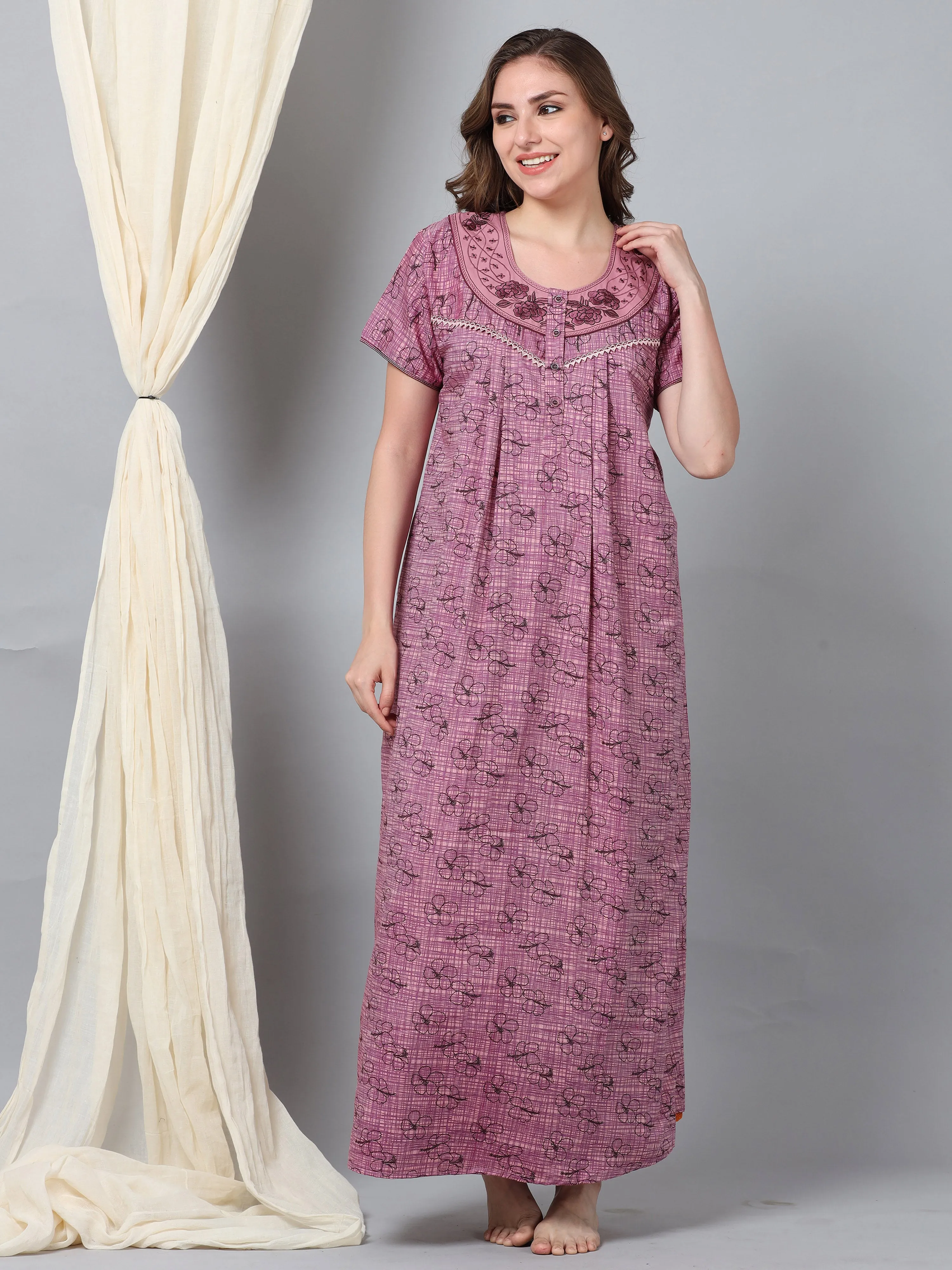 Micro Poly Viscose Pink Designer Long nighty