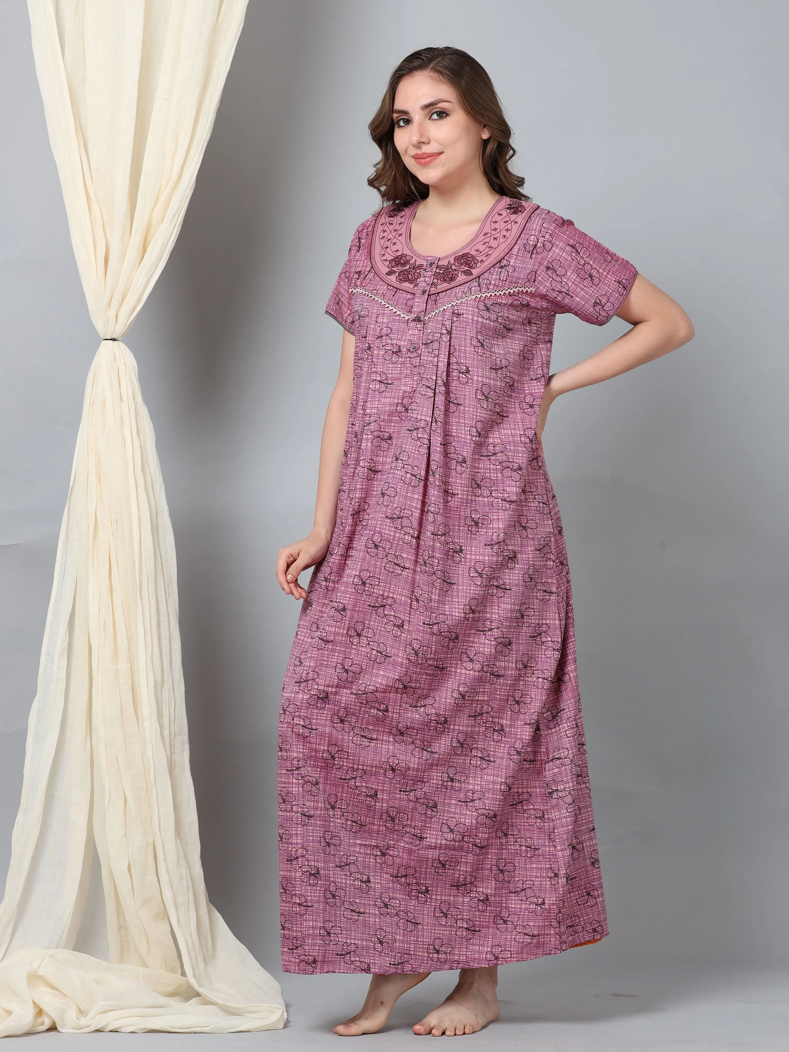 Micro Poly Viscose Pink Designer Long nighty