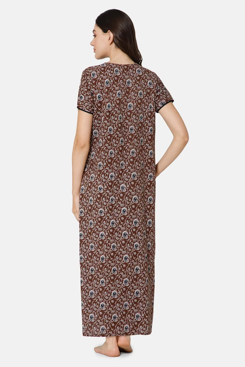 Naidu Hall A-line Front Open Women's Nighty Full Length Half Sleeve  - Brown - R122