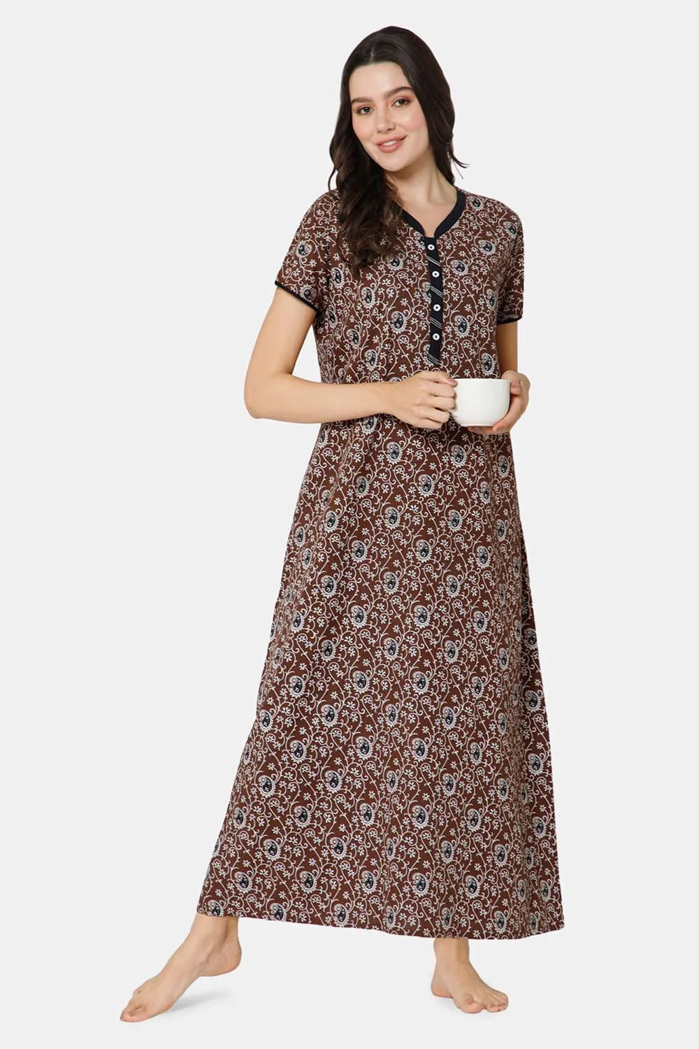 Naidu Hall A-line Front Open Women's Nighty Full Length Half Sleeve  - Brown - R122