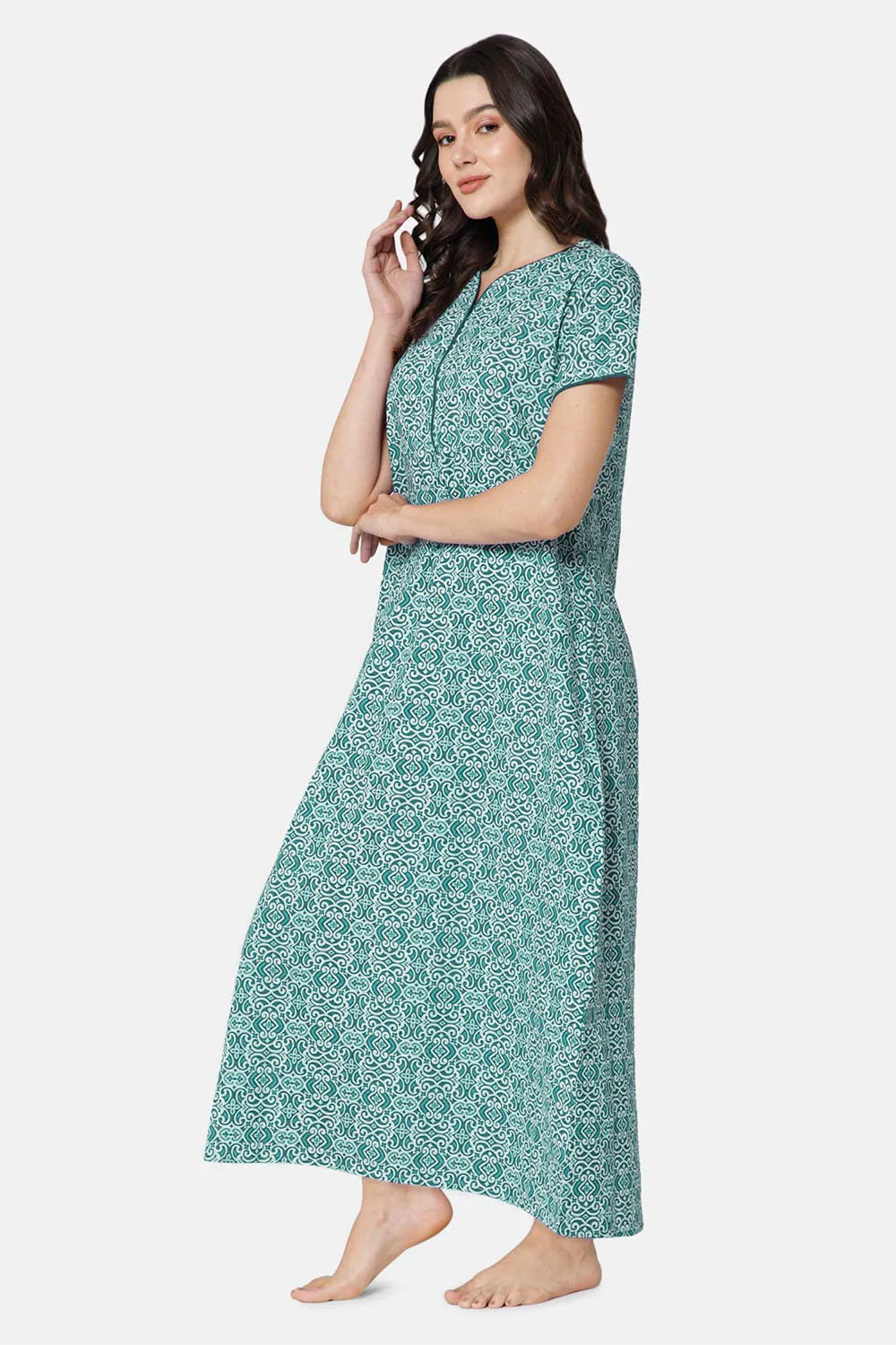 Naidu Hall A-line Front Open Women's Nighty Full Length Half Sleeve  - Green - R119