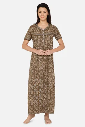 Naidu Hall A-line Front Open Women's Nighty Full Length Half Sleeve - Green - R133