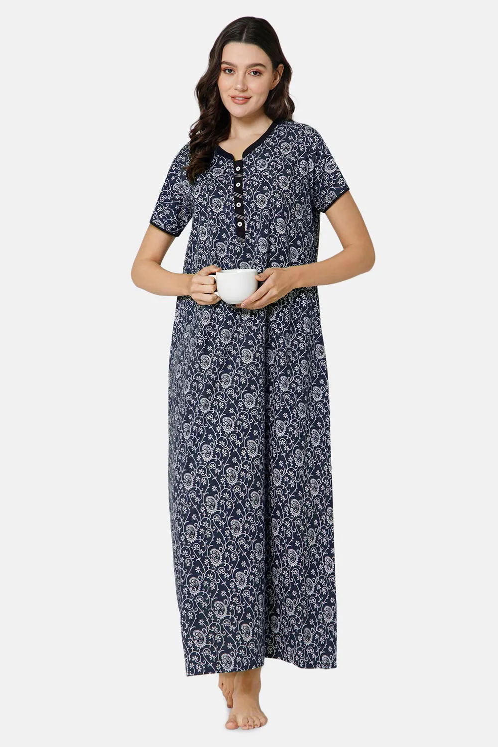 Naidu Hall A-line Front Open Women's Nighty Full Length Half Sleeve  - Navy Blue - R122