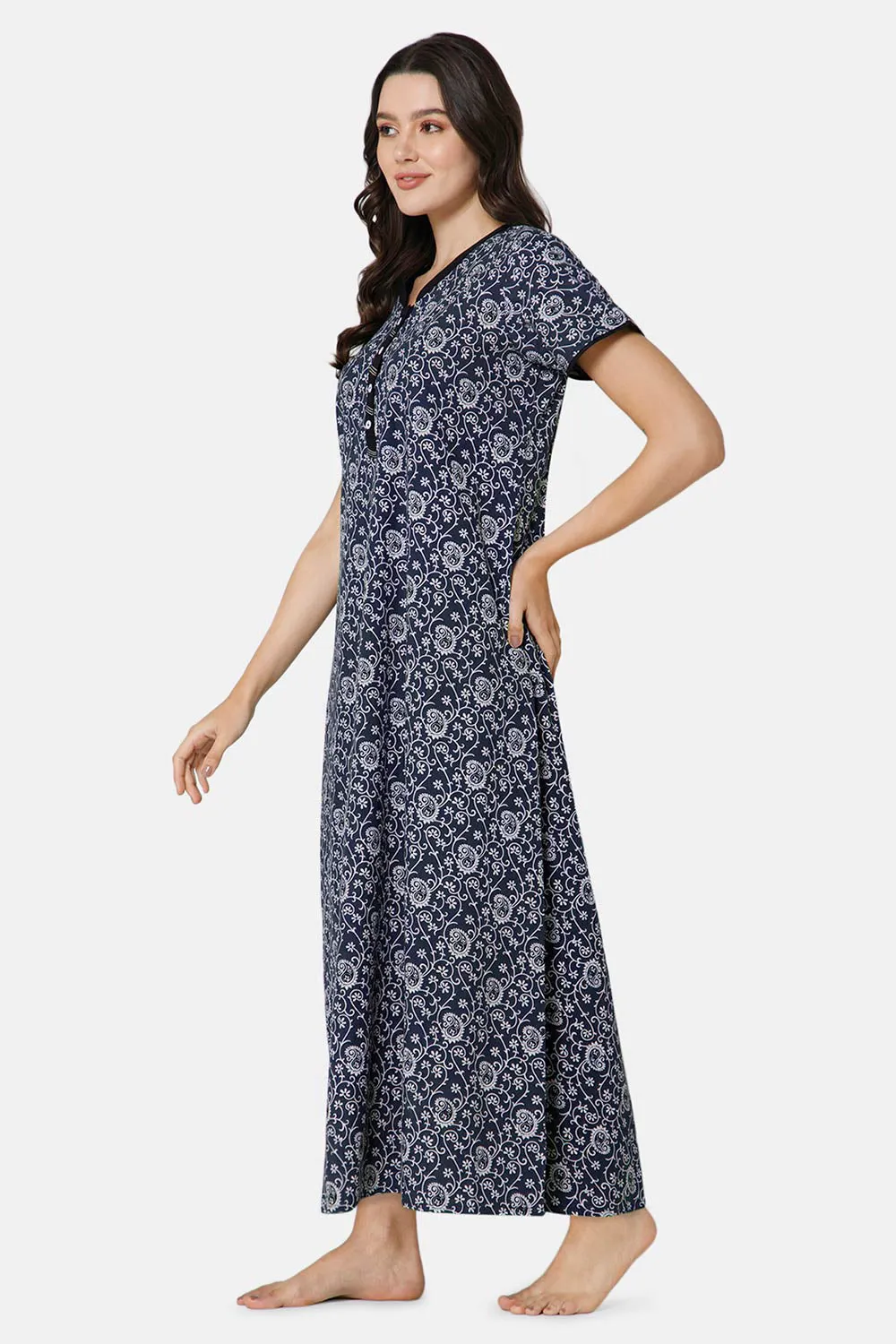 Naidu Hall A-line Front Open Women's Nighty Full Length Half Sleeve  - Navy Blue - R122