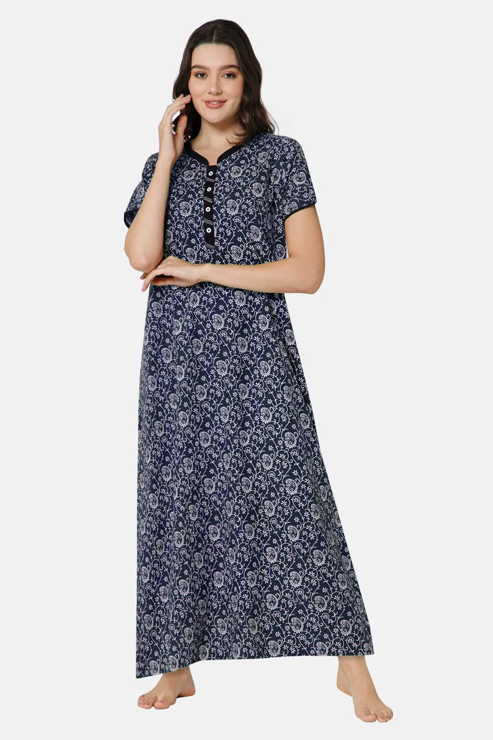 Naidu Hall A-line Front Open Women's Nighty Full Length Half Sleeve  - Navy Blue - R122