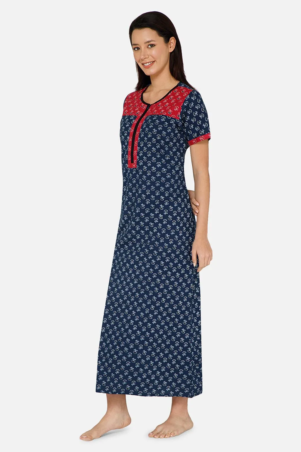 Naidu Hall A-line Front Open Women's Nighty Full Length Half Sleeve  - Navy Blue - R125