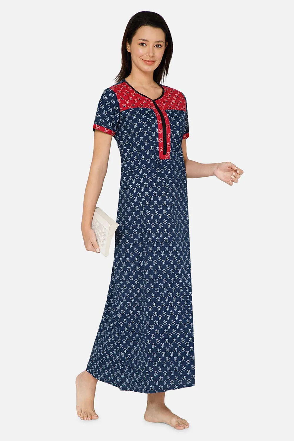 Naidu Hall A-line Front Open Women's Nighty Full Length Half Sleeve  - Navy Blue - R125