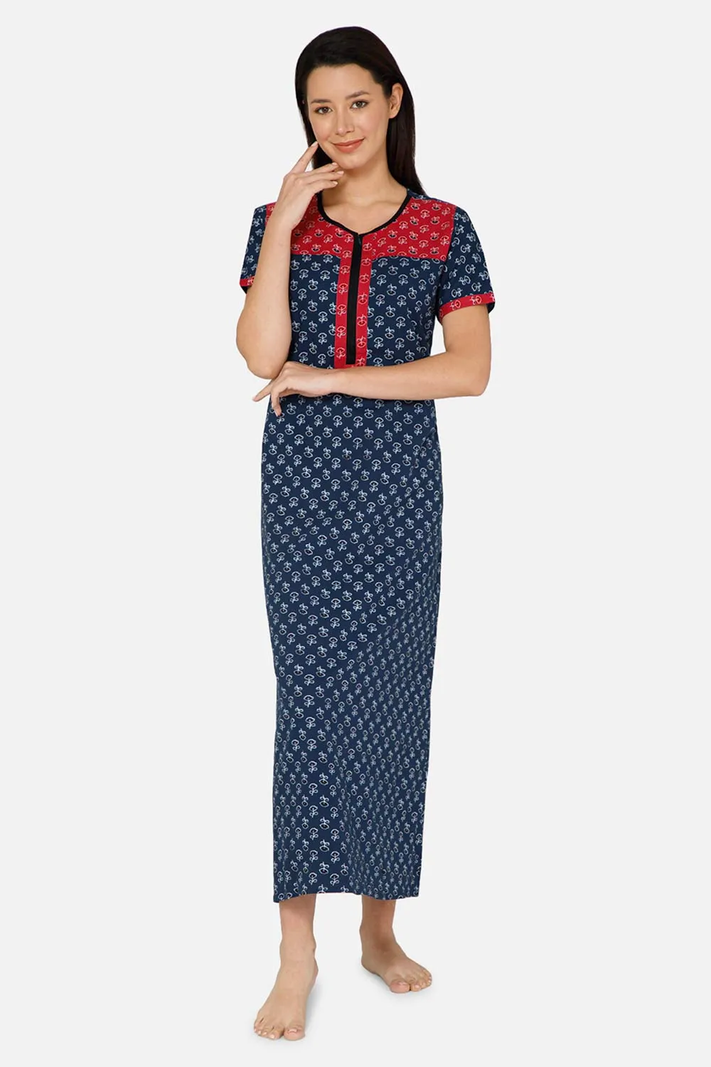 Naidu Hall A-line Front Open Women's Nighty Full Length Half Sleeve  - Navy Blue - R125