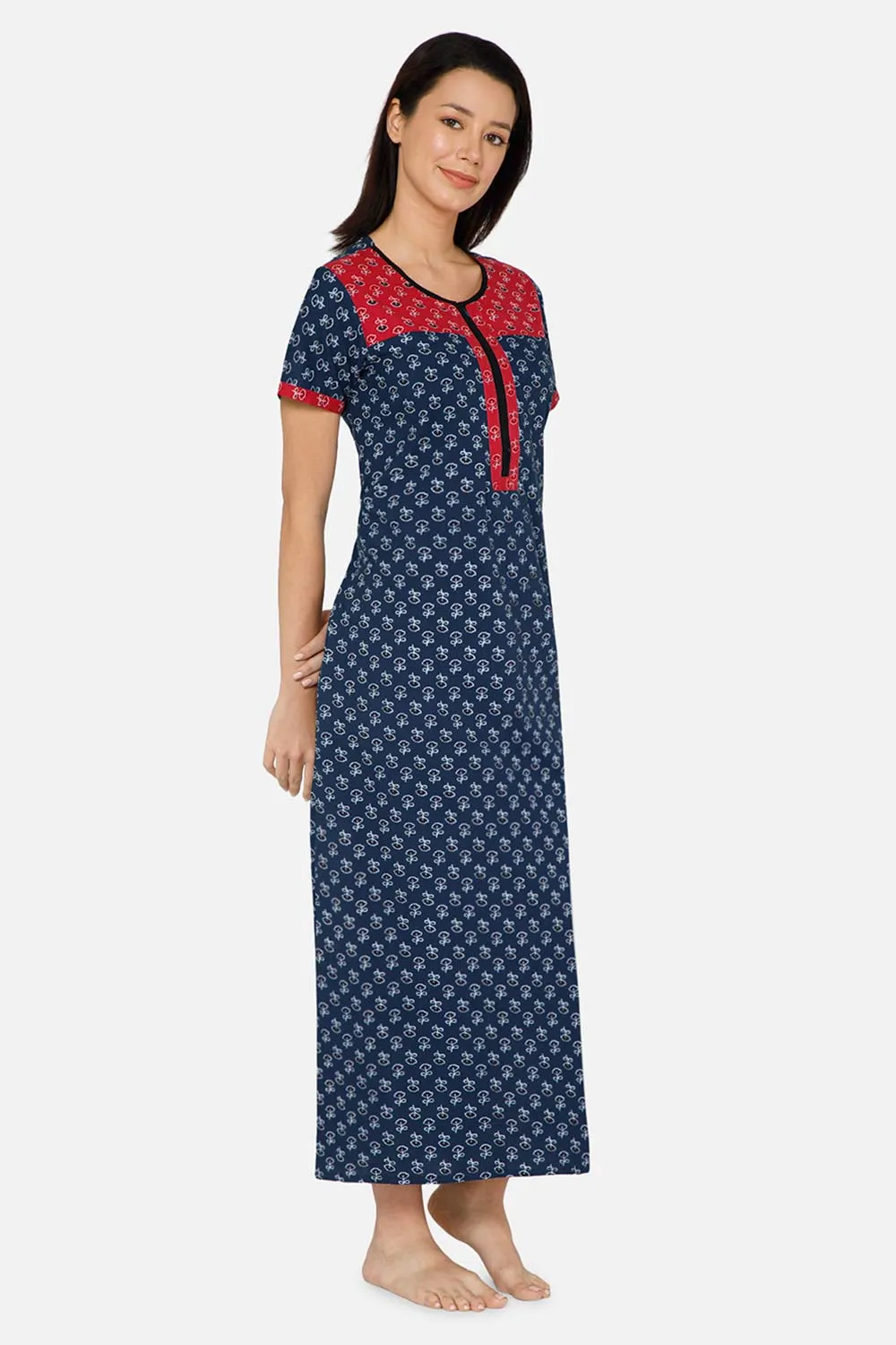 Naidu Hall A-line Front Open Women's Nighty Full Length Half Sleeve  - Navy Blue - R125