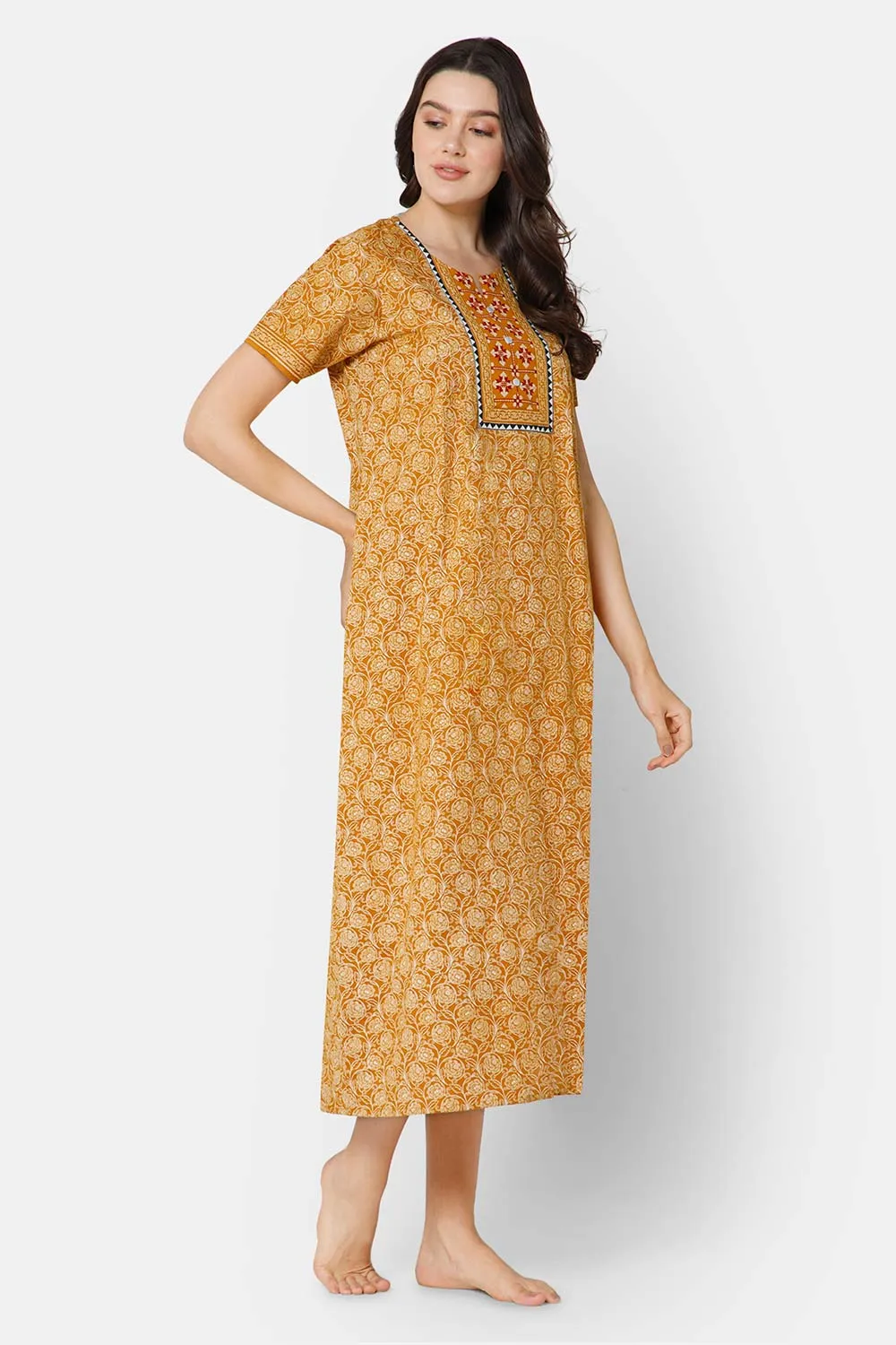 Naidu Hall A-line Women's Nighty Full Length Half Sleeve  - Mustard - R136