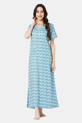 Naidu Hall Cotton Round Neck V Variation Short Sleeve Nighty - Blue Print - NT46