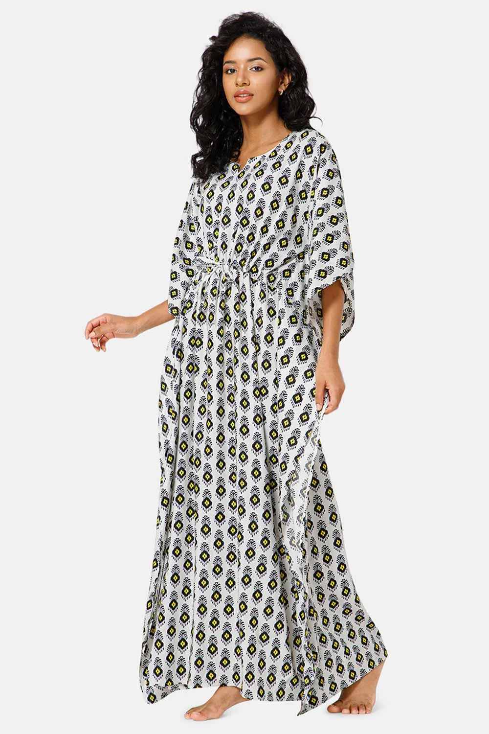 Naidu Hall  Round Neck Kaftan Style Printed Nighty-Black White - NT27