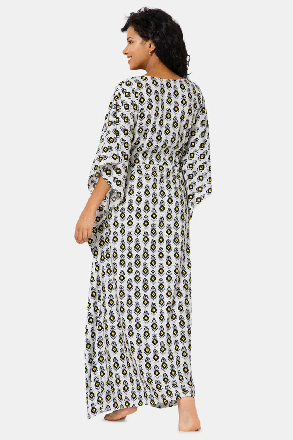 Naidu Hall  Round Neck Kaftan Style Printed Nighty-Black White - NT27