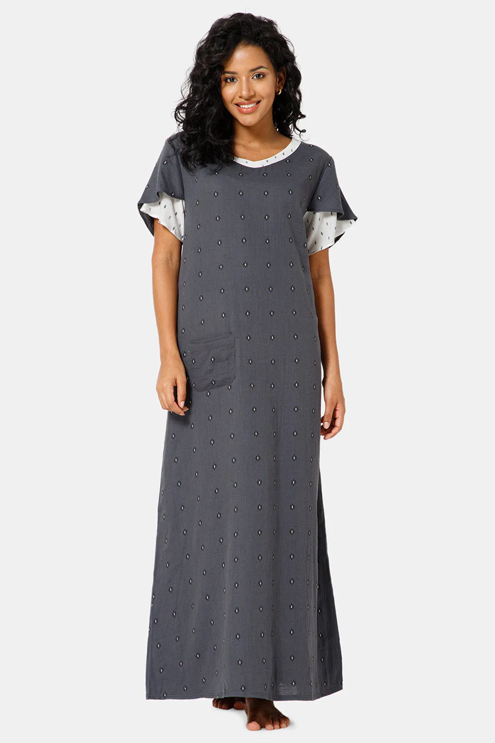 Naidu Hall  V Neck Ruffle Sleeve Printed Nighty-Grey - NT45