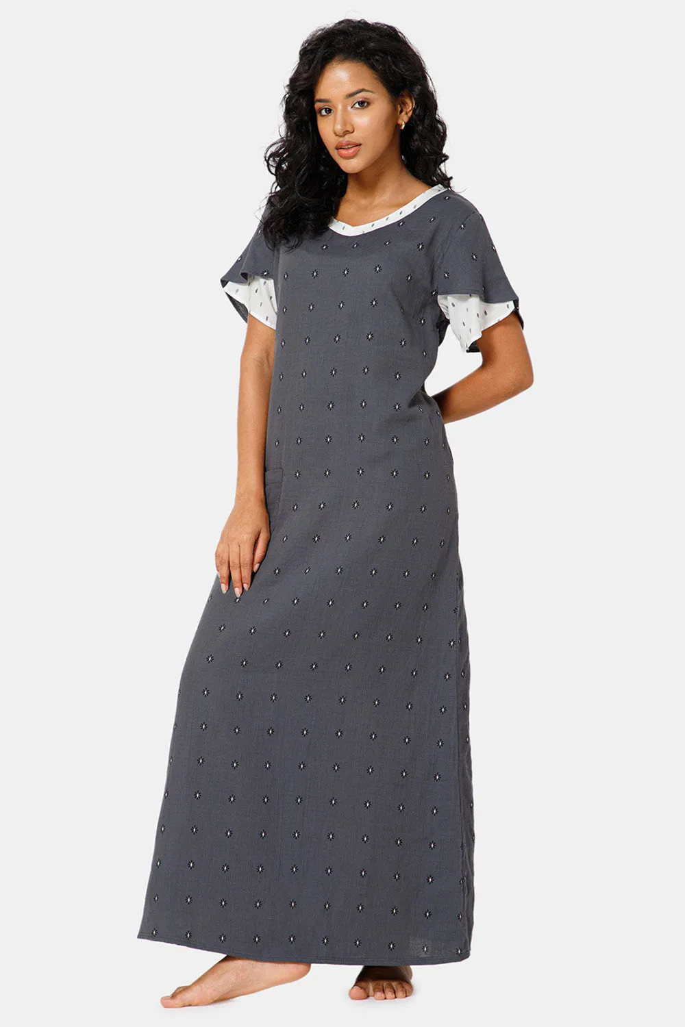 Naidu Hall  V Neck Ruffle Sleeve Printed Nighty-Grey - NT45