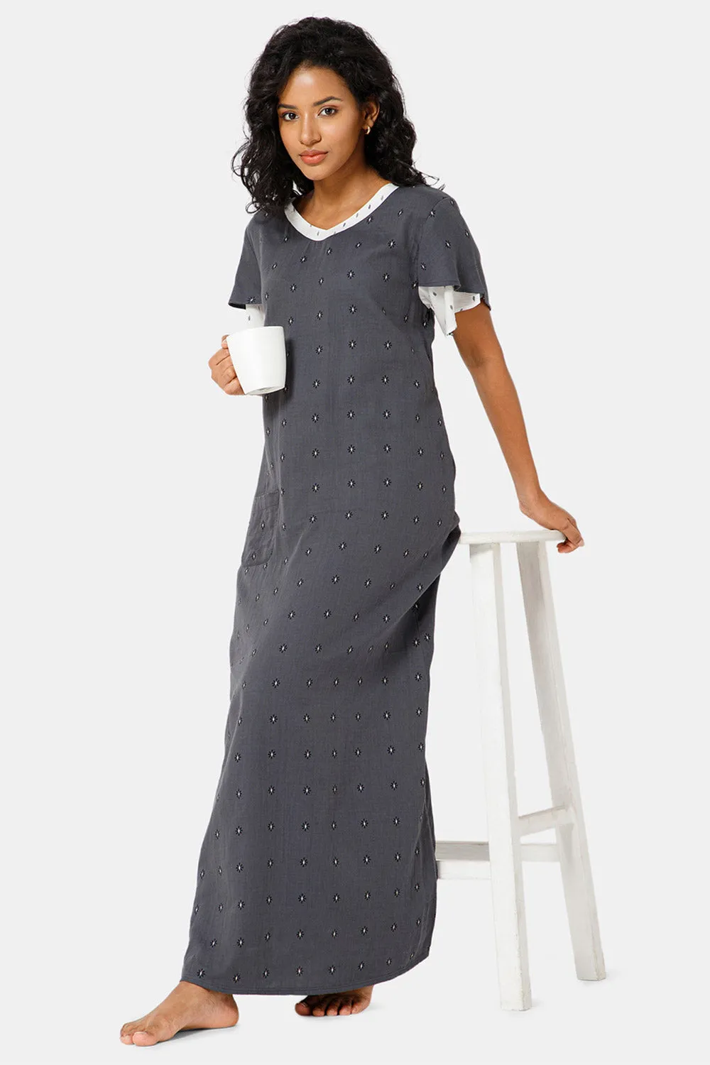 Naidu Hall  V Neck Ruffle Sleeve Printed Nighty-Grey - NT45