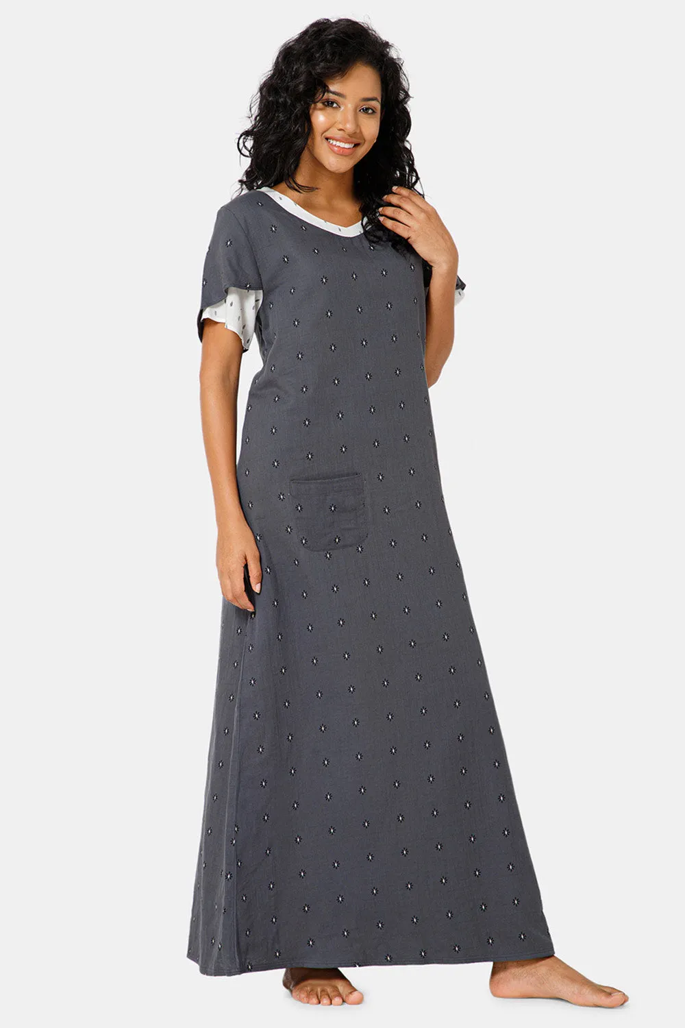 Naidu Hall  V Neck Ruffle Sleeve Printed Nighty-Grey - NT45