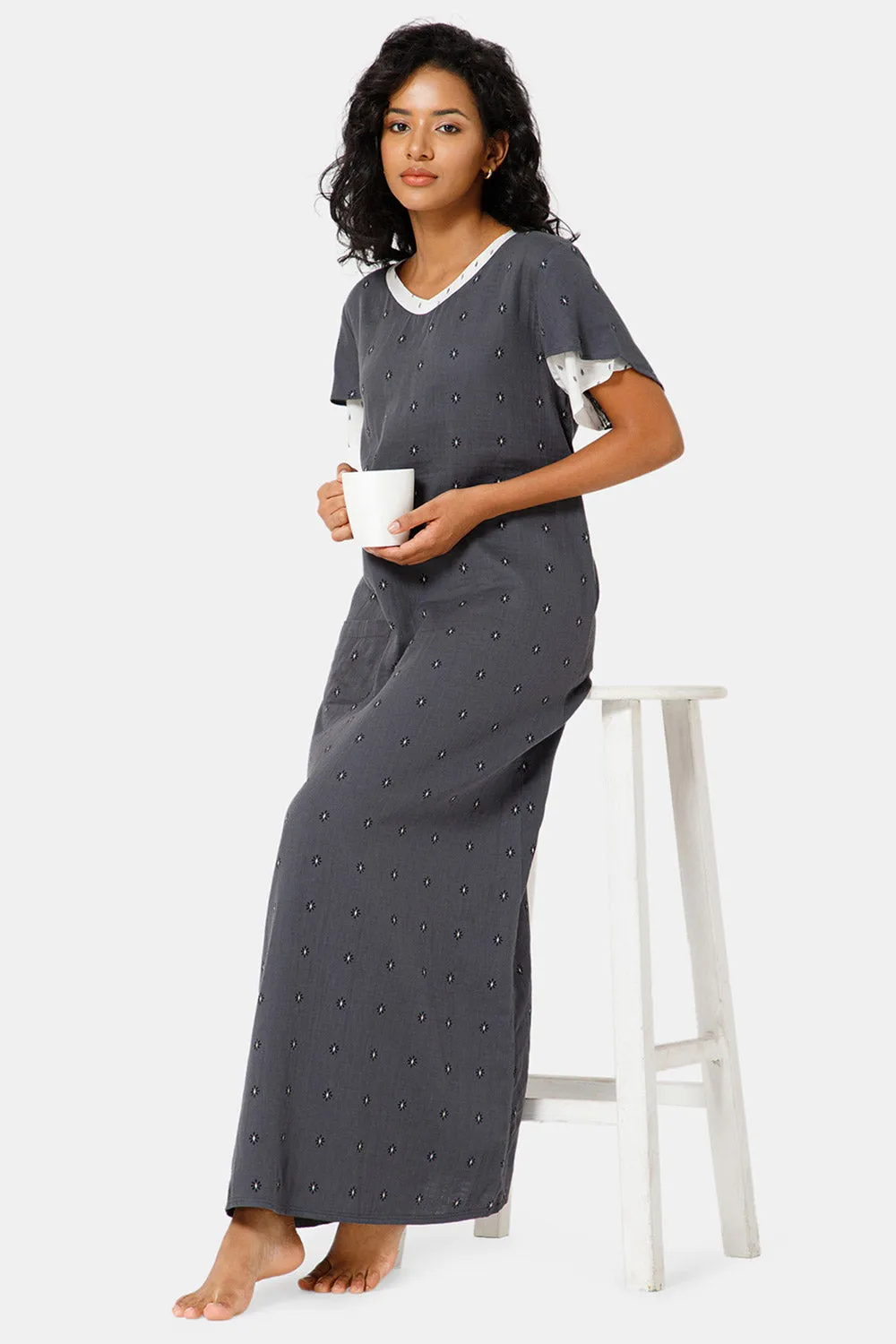 Naidu Hall  V Neck Ruffle Sleeve Printed Nighty-Grey - NT45