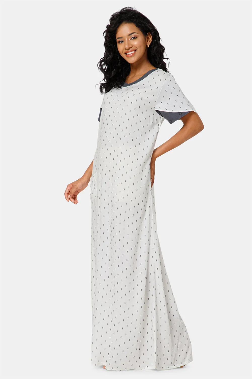 Naidu Hall  V Neck Ruffle Sleeve Printed Nighty-White - NT45