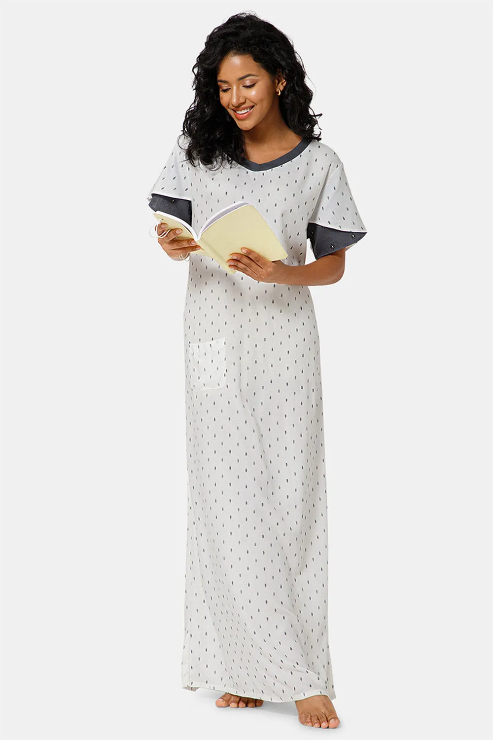 Naidu Hall  V Neck Ruffle Sleeve Printed Nighty-White - NT45