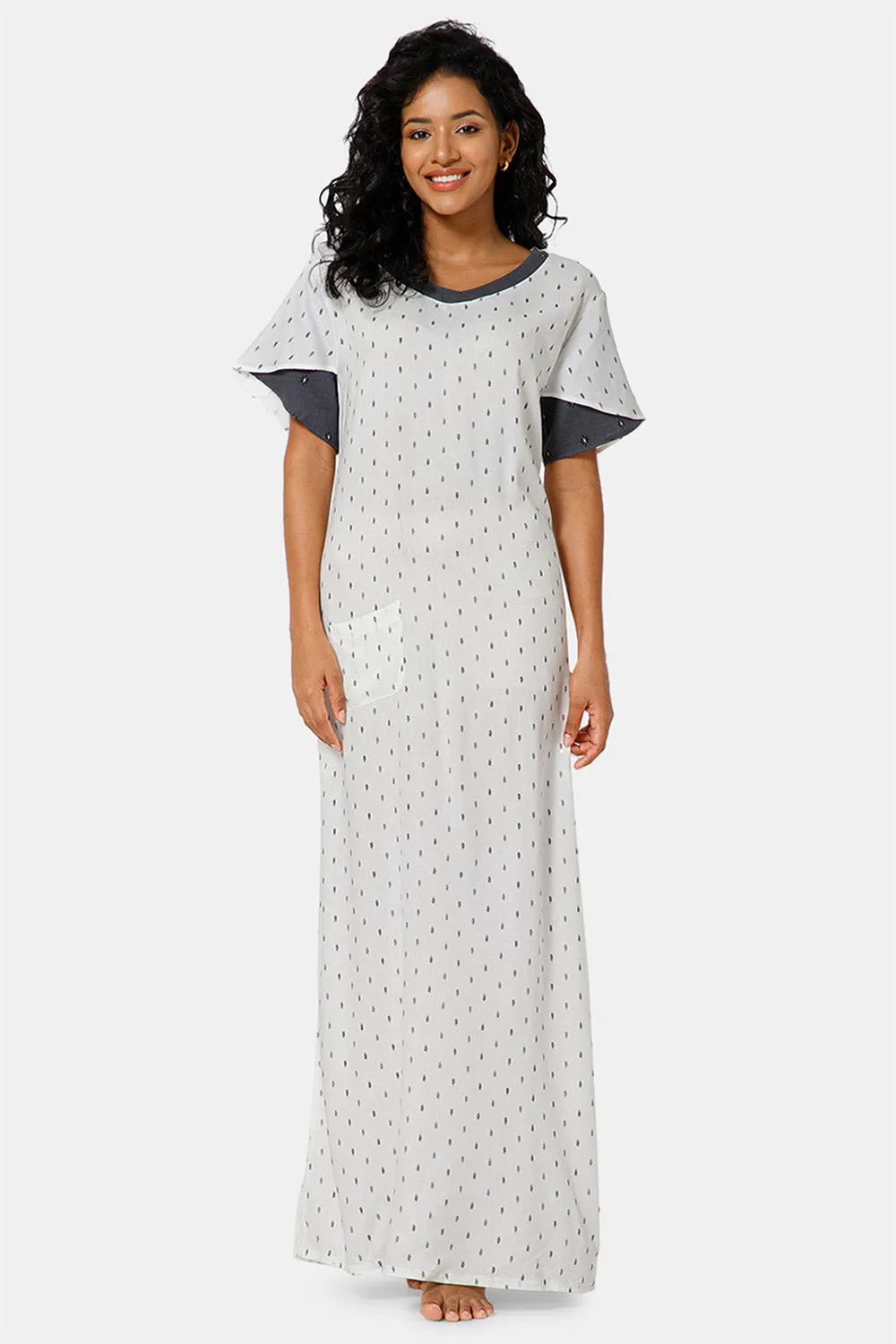 Naidu Hall  V Neck Ruffle Sleeve Printed Nighty-White - NT45