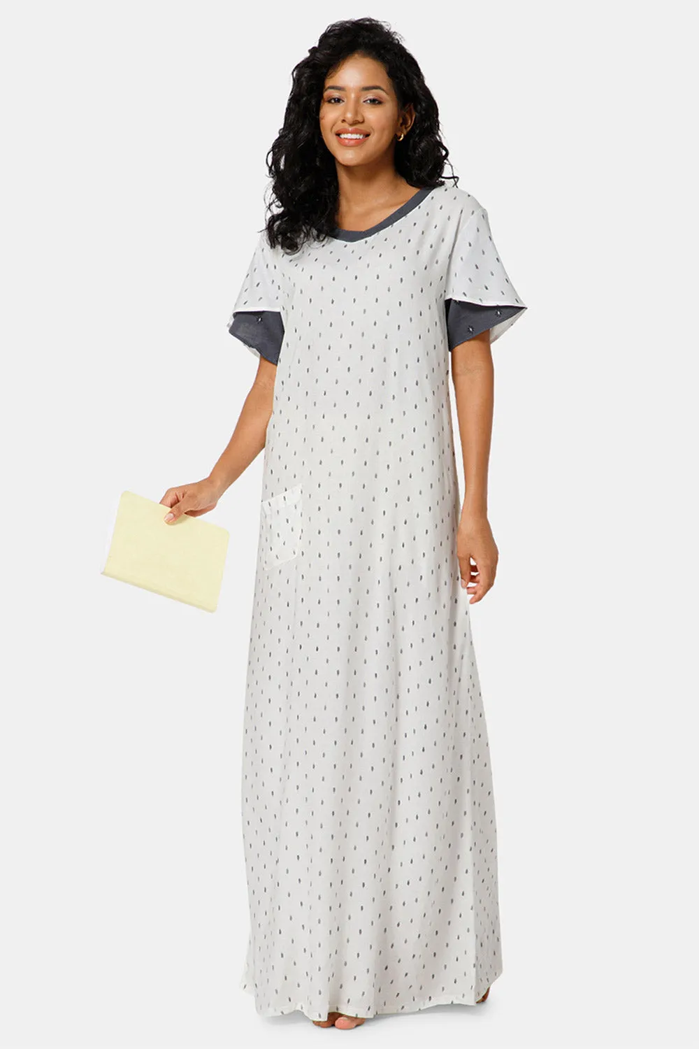 Naidu Hall  V Neck Ruffle Sleeve Printed Nighty-White - NT45