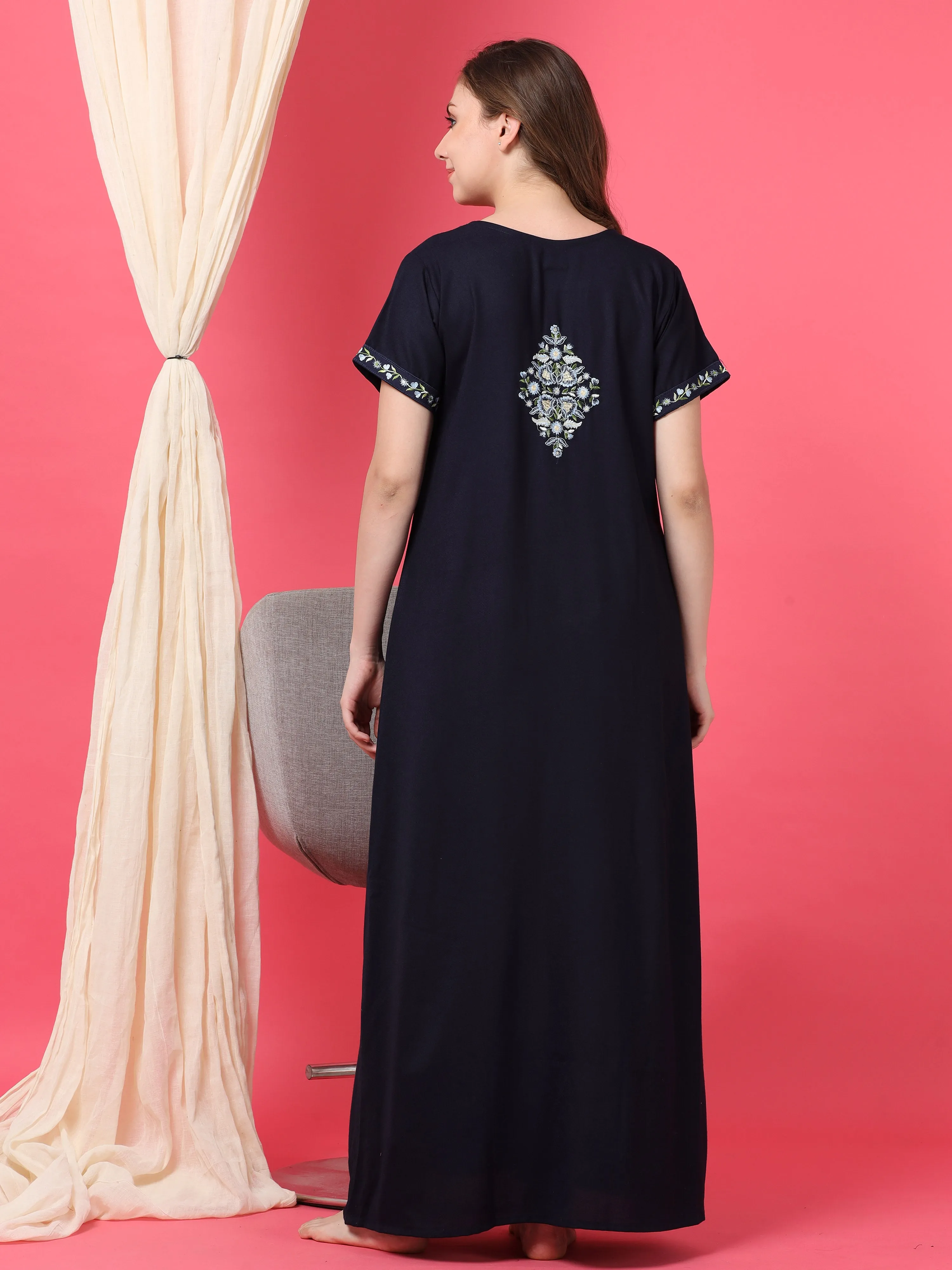 Navy Blue Alpine Nighty with Fancy Embroidery