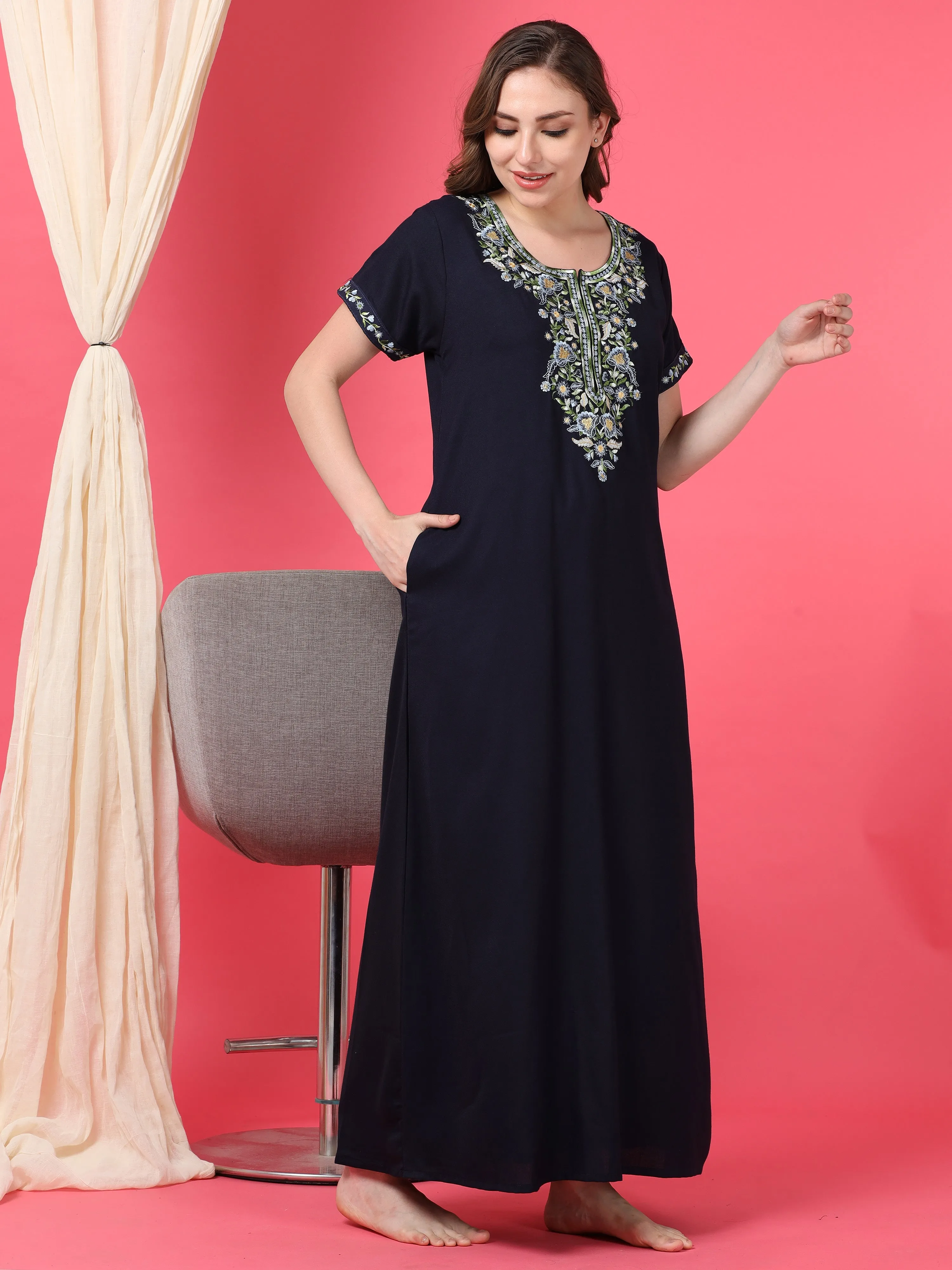 Navy Blue Alpine Nighty with Fancy Embroidery