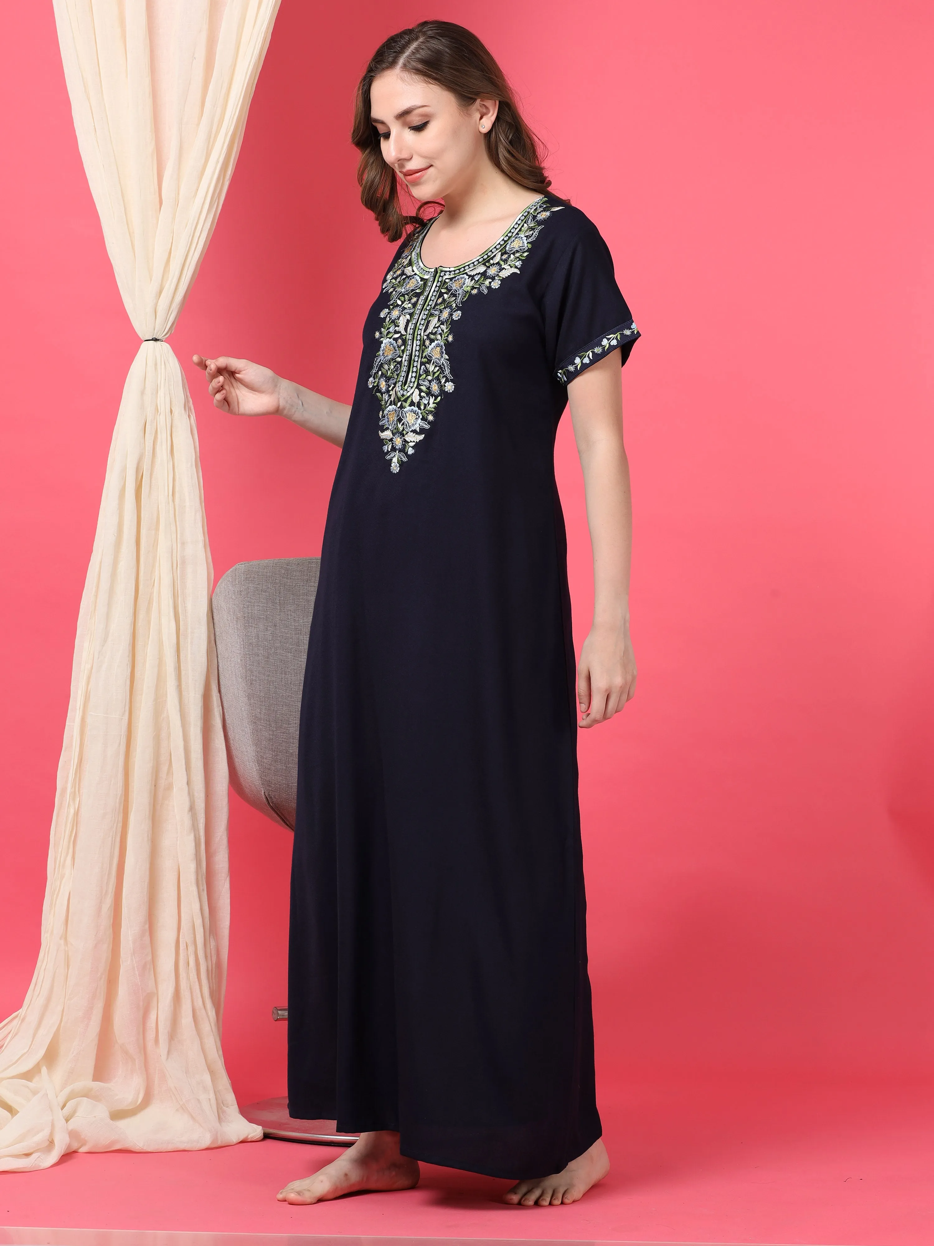 Navy Blue Alpine Nighty with Fancy Embroidery