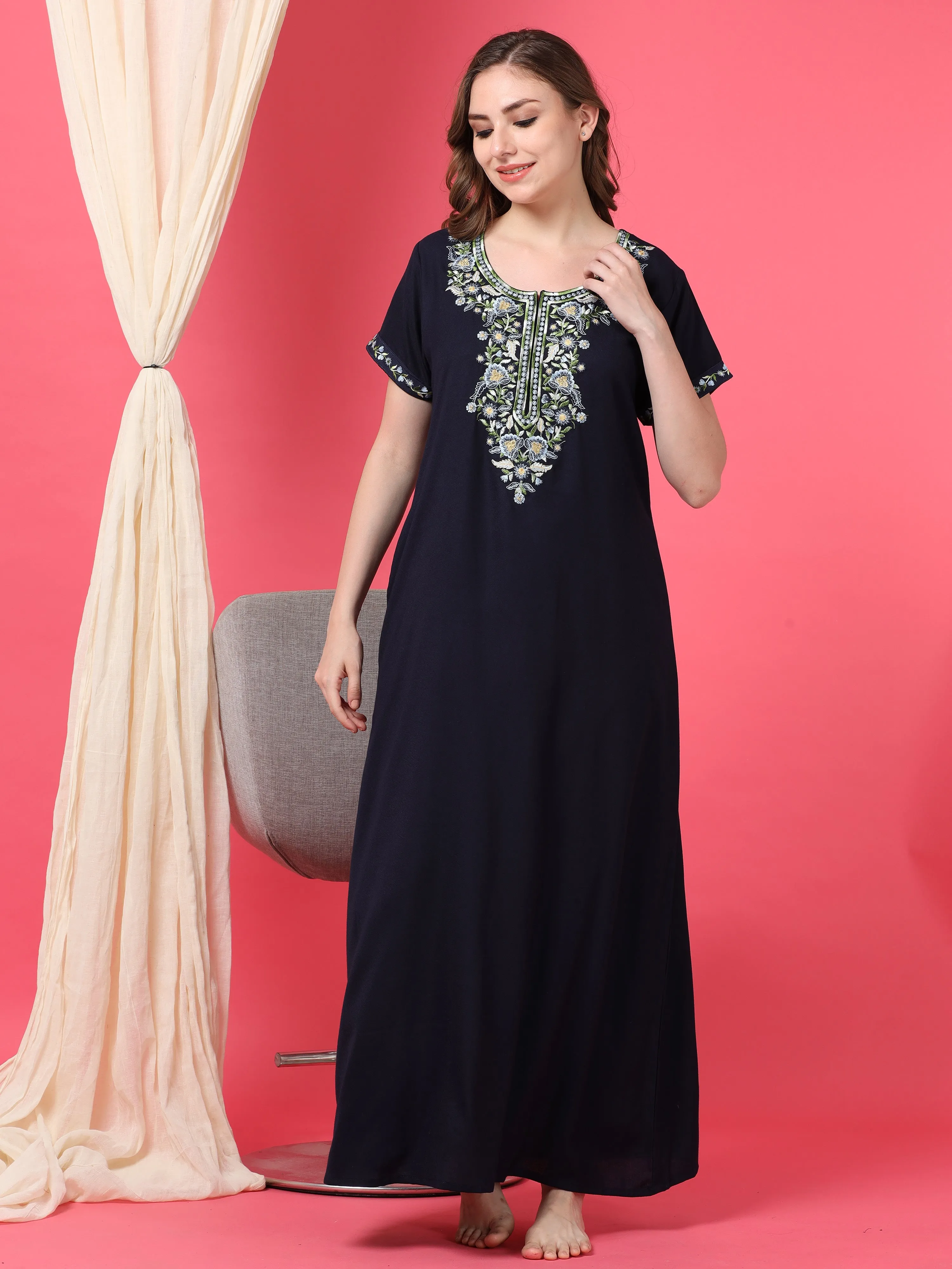 Navy Blue Alpine Nighty with Fancy Embroidery